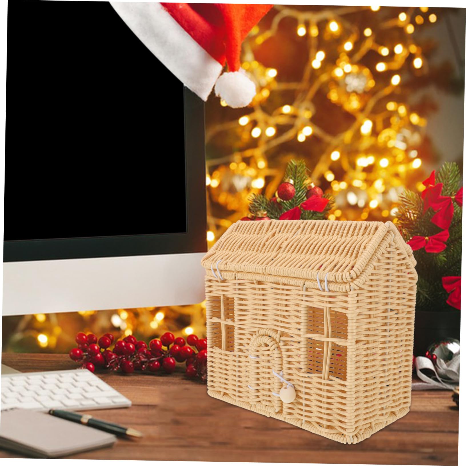 Cesta Tejida con Asa Imitación Ratán Forma de Casa Pequeña para Dulces y Regalos Cesta y Duradera para Navidad Shower y Fiestas Familiares