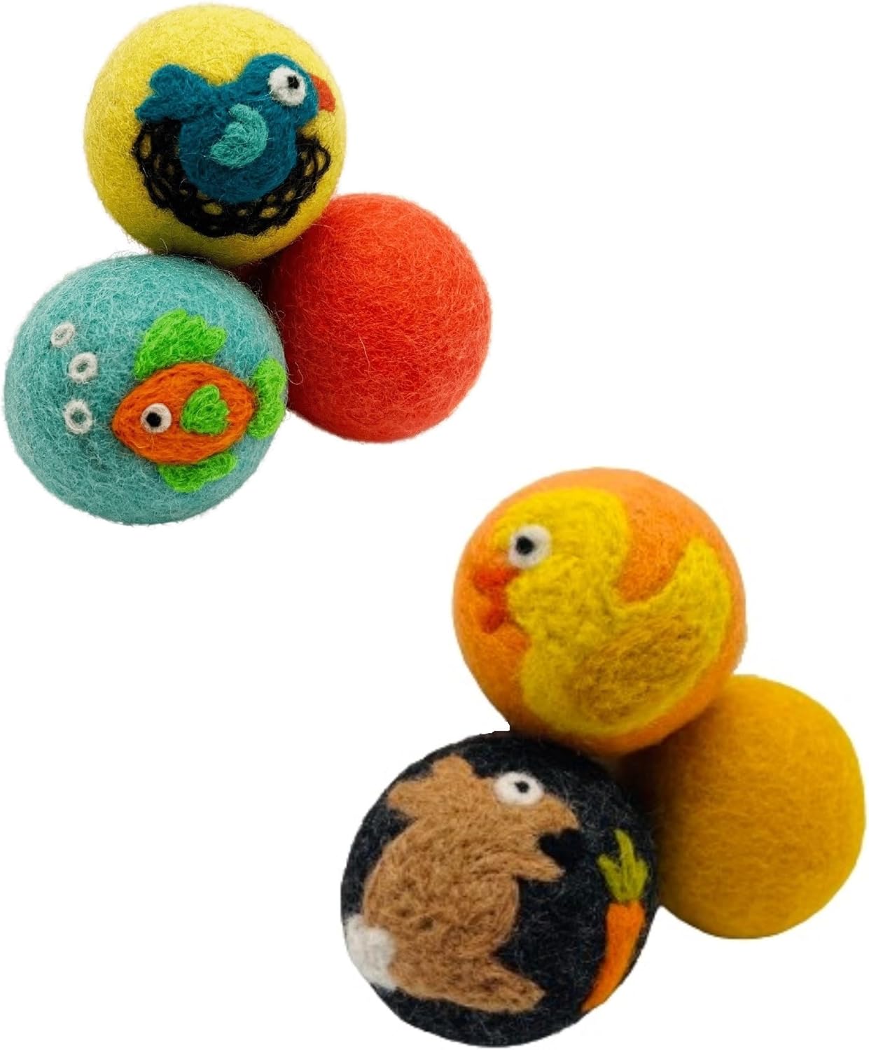 Hustle & Blush Wool Felt Balls 6 Pack, Love Ewe Pet Supplies - 2 inch Felted Wool Cat Toys, Fish & Bird and Duck & Bunny - 100% New Zealand Wools Felt Cat Toys Handmade Wools Felts Balls, Cats Felts