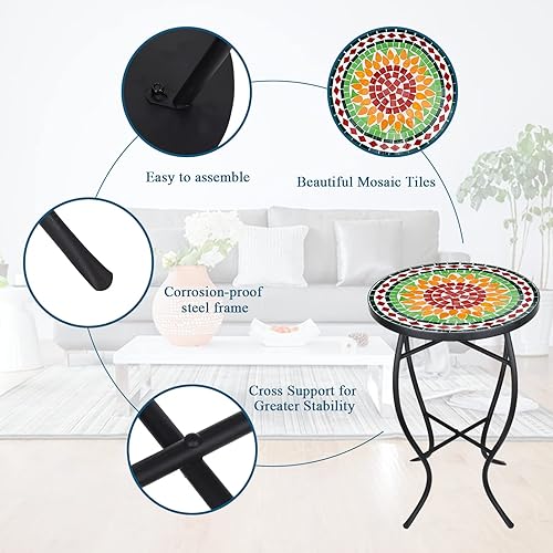 Miniatura 4 de Vipush Mosaic - Mesa auxiliar para exteriores, soporte plegable redondo de 14 pulgadas para patio, jardín, balcón, porche, mesa auxiliar de interior
