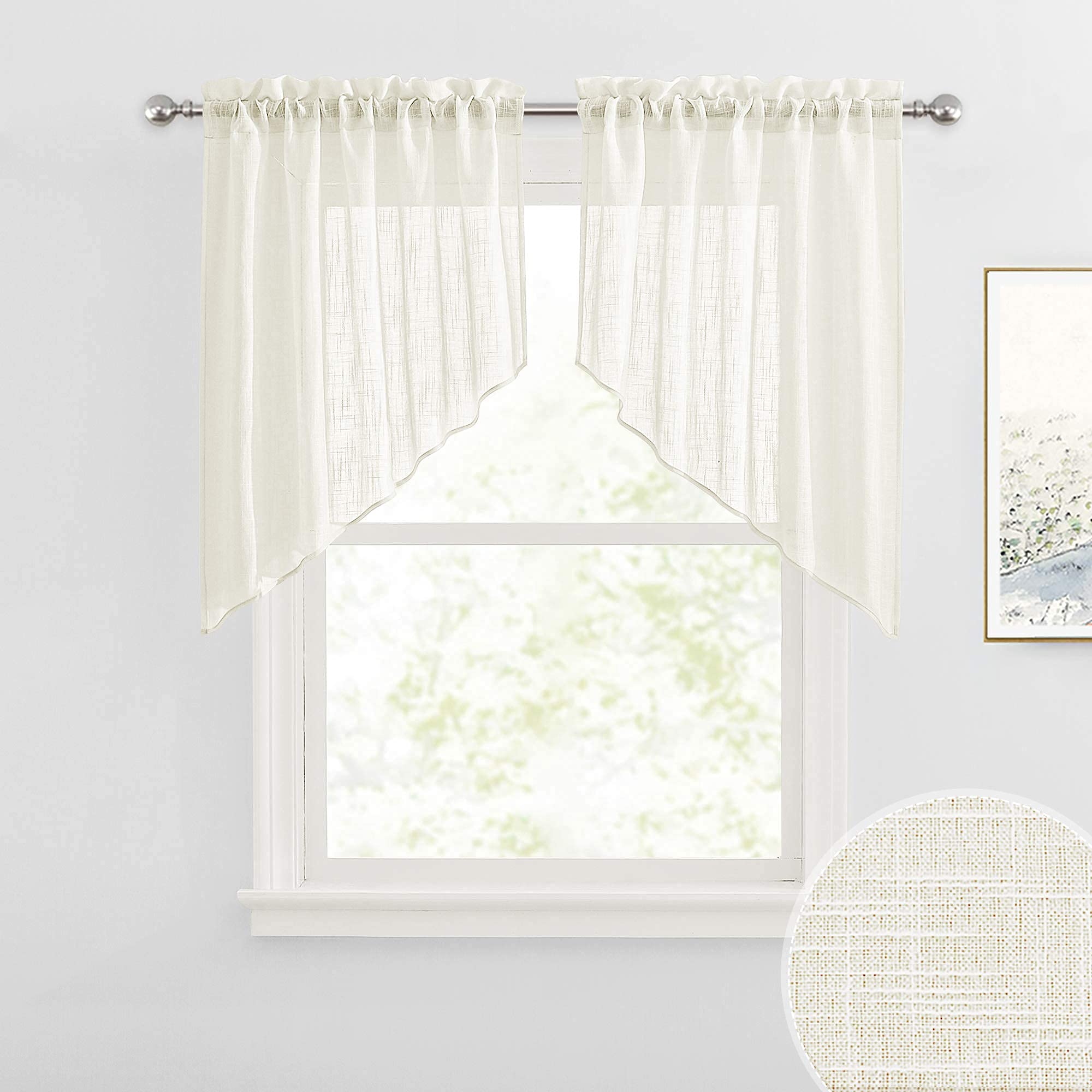 RYB HOME Window Topper Curtains - Linen Sheer Window Toppers Swag Curtains Simitransparent Sheer Valances for Bedroom Cabinet Kitchen, Linen, 36 x 36 inch Long, 2 PanelsOEKO-TEX STANDARD 100