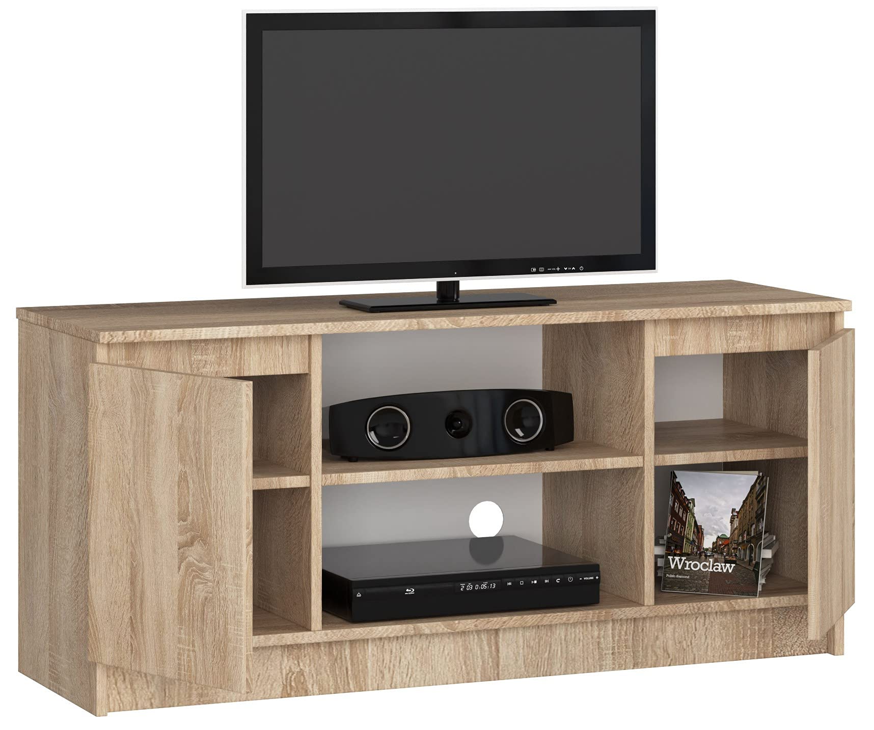AKORD Lowboard K-120 | TV-Shrank mit EIN offenes Regalfach | Fernsehkommode 2 Ablagen mit Türen Links und rechts | H55 x B120 x T40 cm | Gewicht 30 kg | Sonoma Eiche