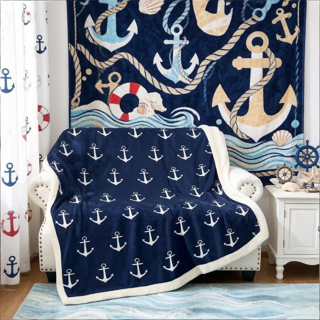 Ocean Nautical Plush Anchor Printed Sherpa Fleece Throw Blanket for Kids & Adults, Soft Luxury Fuzzy Blanket for Sofa, Bed, Couch - Navy Blue, Single 50x60 Inch — image 1
