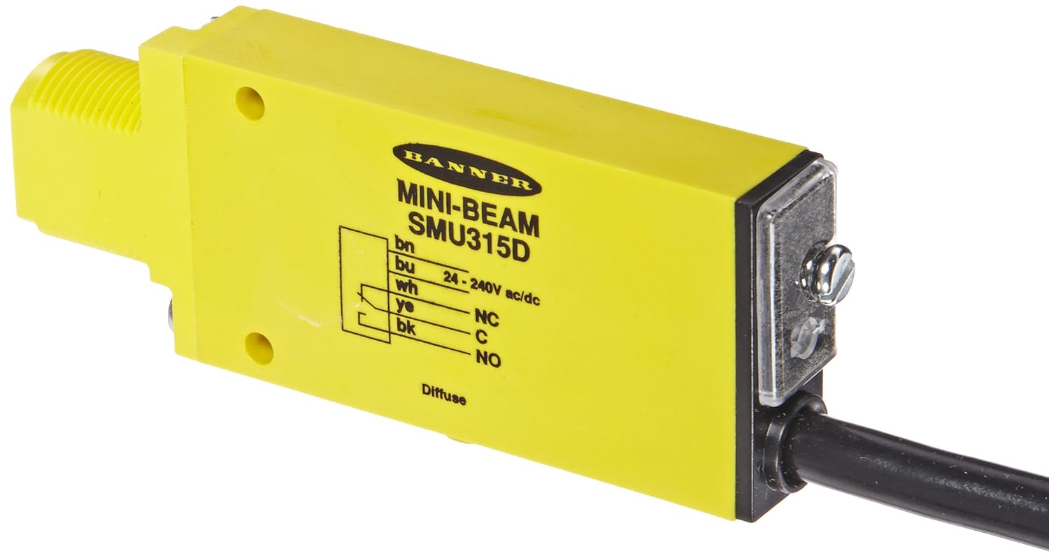Banner SMU315D Mini Beam Universal Voltage Sensor, Diffuse Sensing Mode, 2 m PVC 5-Wire Cable, Infrared LED, 24-240V AC/DC Supply Voltage, SPDT Relay Output, 380 mm Sensing Range