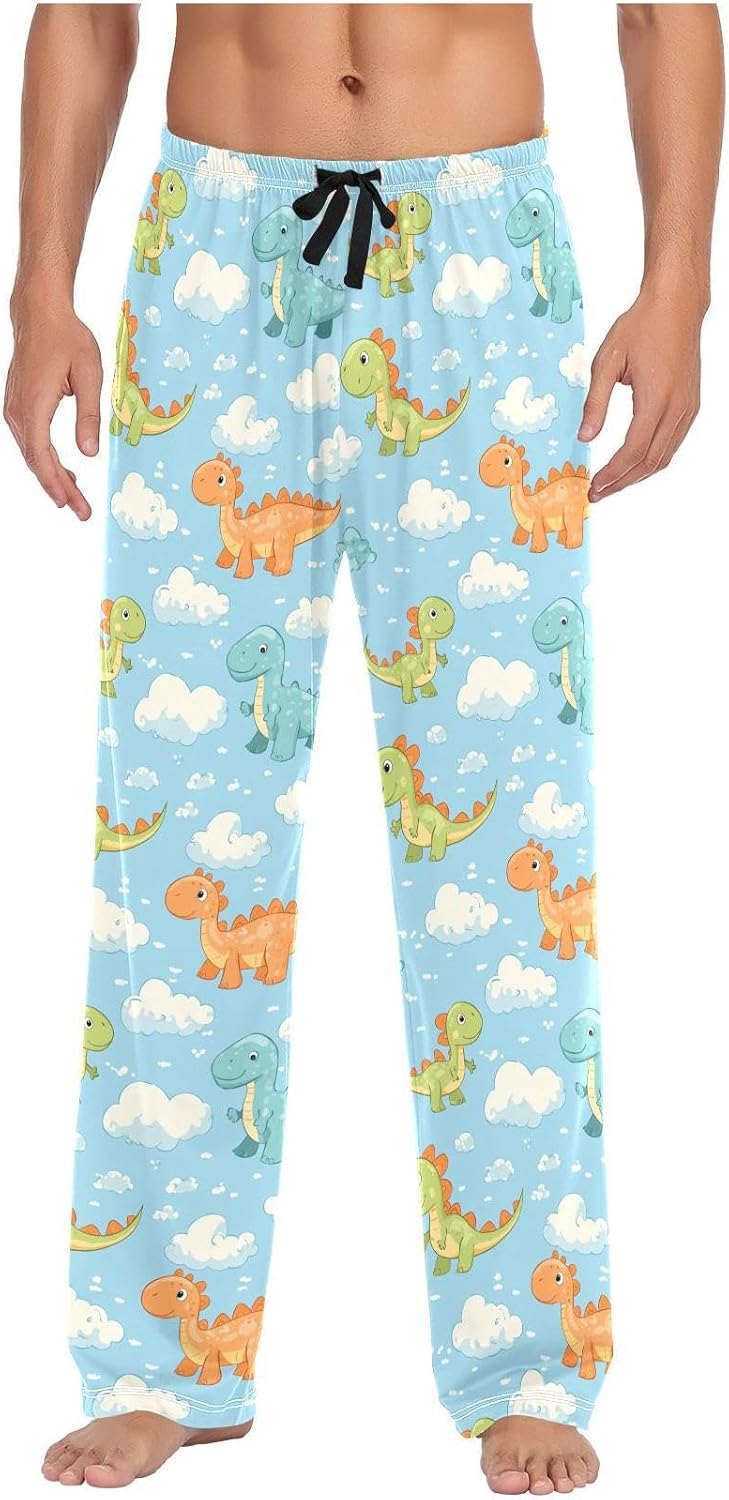 ZZKKO Mens Lounge Pajama Pants for Men Cartoon Dinosaur Cloud Men's PJ Bottoms Lounge Sleepwear With Pockets Drawstring Long Pants 100% Cotton XL