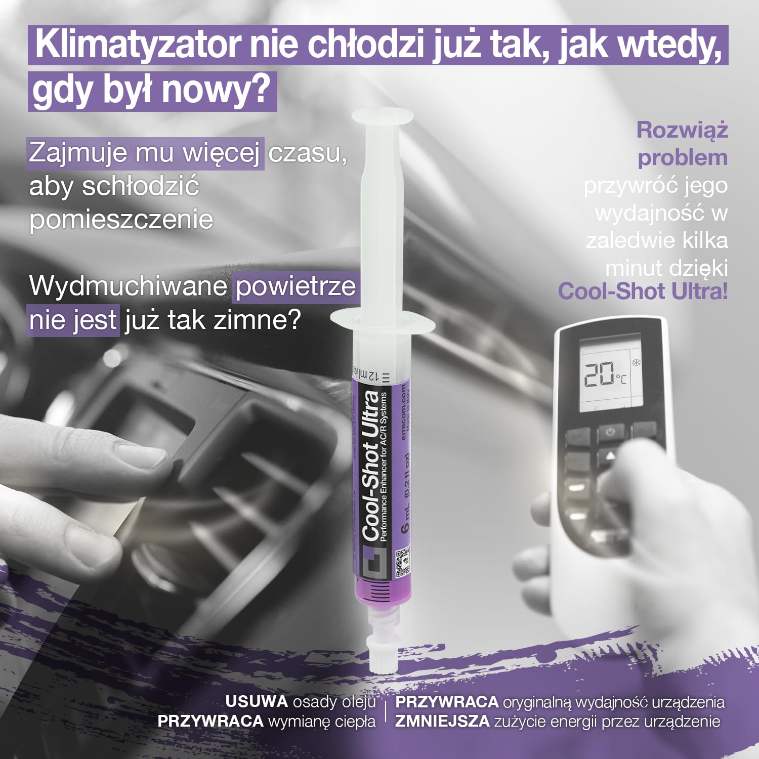 Errecom Cool-Shot Ultra, Dodatek Przywracający Oryginalną Wydajność Systemów Klimatyzacyjnych i Chłodniczych oraz Klimatyzacji Samochodowej,strzykawka 6ml + adaptery 1/4 SAE, 5/16 SAE, R134a i R1234yf