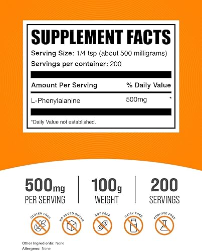 Miniatura 9 de BULKSUPPLEMENTS.COM Polvo de L-fenilalanina - Suplemento de fenilalanina - L-fenilalanina 500 mg - L polvo de fenilalanina - Suplemento de