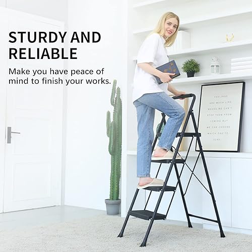 Miniatura 3 de RIKADE - Escalera de mano de acero con pedal antideslizante ancho, ligera, portátil y plegable, con asa, multiusos para el hogar y la oficina (4