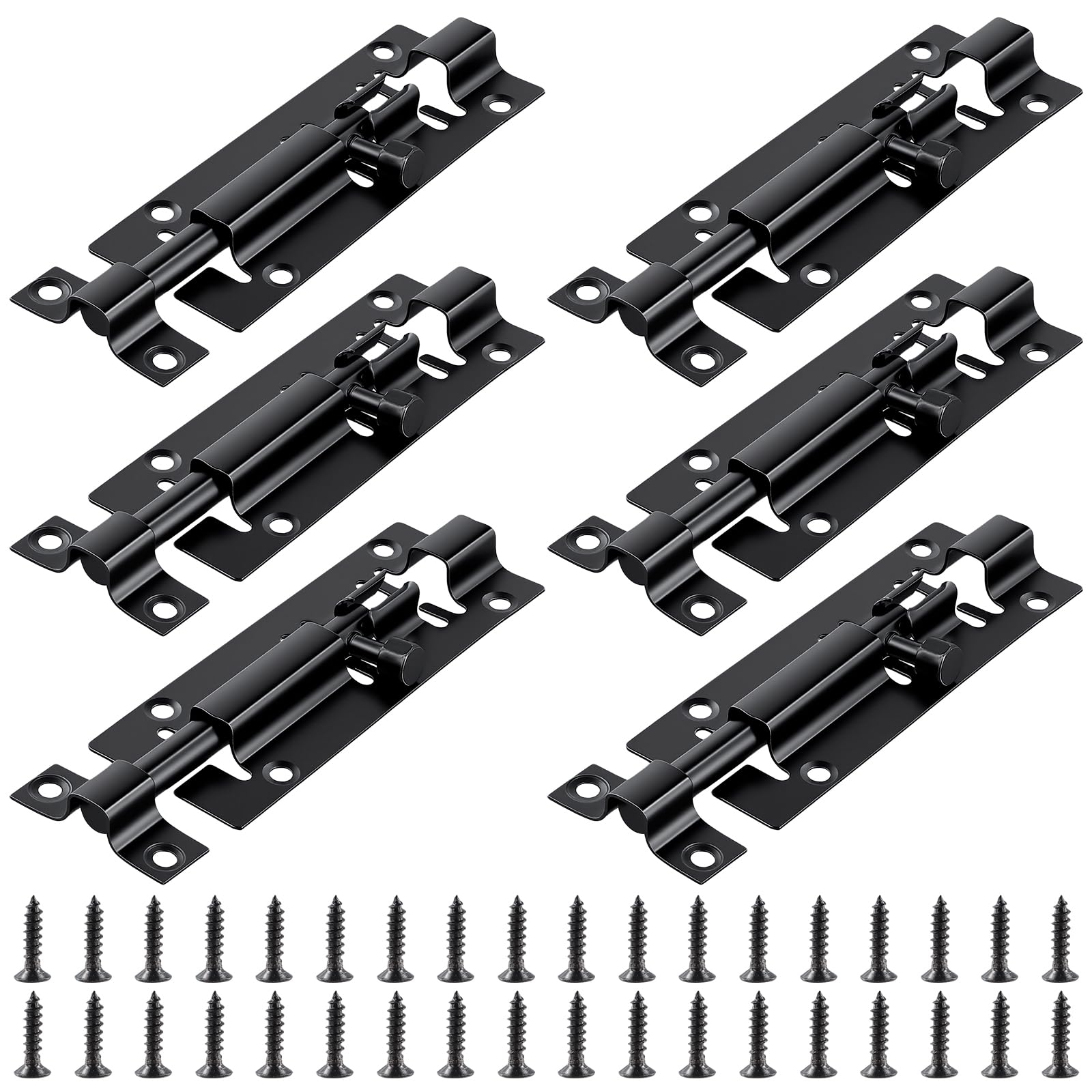 JIAYUET 100mm Black Sliding Tower Bolt Lock, Pack of 6, 4 Inch Door Bolt Latch with Screws for Internal Doors, Bathrooms, Fences and Gates