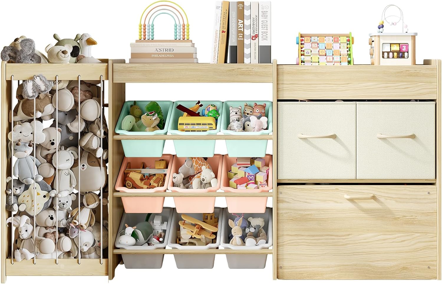 EXPERLAM Extra Large 5-in-1 Toy Storage Organizer with Stuffed Animal Holder, 9 Storage Bins, 2 Drawers, Movable Toy Chest & Top Rack, Solid Wood Nursery, Bedroom, Playroom Storage, Multi-Color