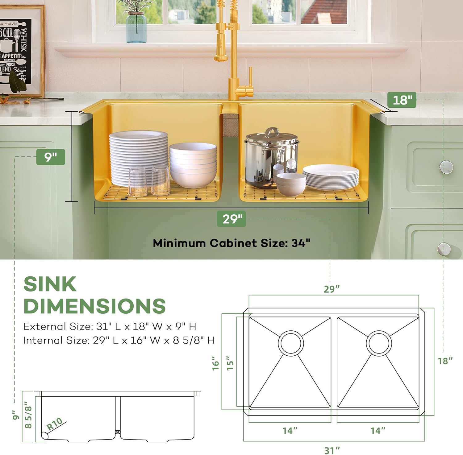 LQS 31 Inch Gold Kitchen Sink, 31x18 Undermount Kitchen Sink, 16 Gauge Stainless Steel Double Bowl, R10 Round Corner for Easy Cleaning, Sleek Style Fit for Any Kitchen Countertop