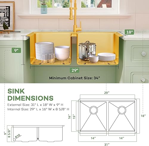 Vista 33 de LQS Fregadero de cocina dorado de 31 pulgadas, fregadero de cocina de acero inoxidable 50/50 de 31 x 18 pulgadas, fregadero de cocina de acero