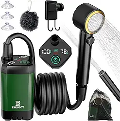 Chuveiro portátil para acampamento, bombas de chuveiro de acampamento de 7800 mAh com 190 minutos de longa duração, tela LED inteligente inteligente e 4 modos de pulverização, kit de chuveiro