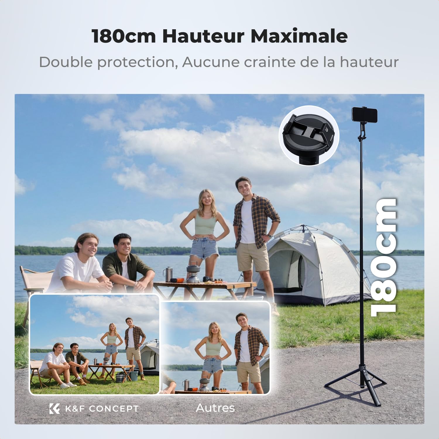 K&F CONCEPT TF08 180cm Trépied Selfie Stick iPhone Compatible avec DJI OSMO Pocket 3/4, Clip 3 en 1 Trépied Téléphone Magnétique & Vis 1/4", Trépied MagSafe Compatible avec iPhone 17/16/15,Insta360 X5