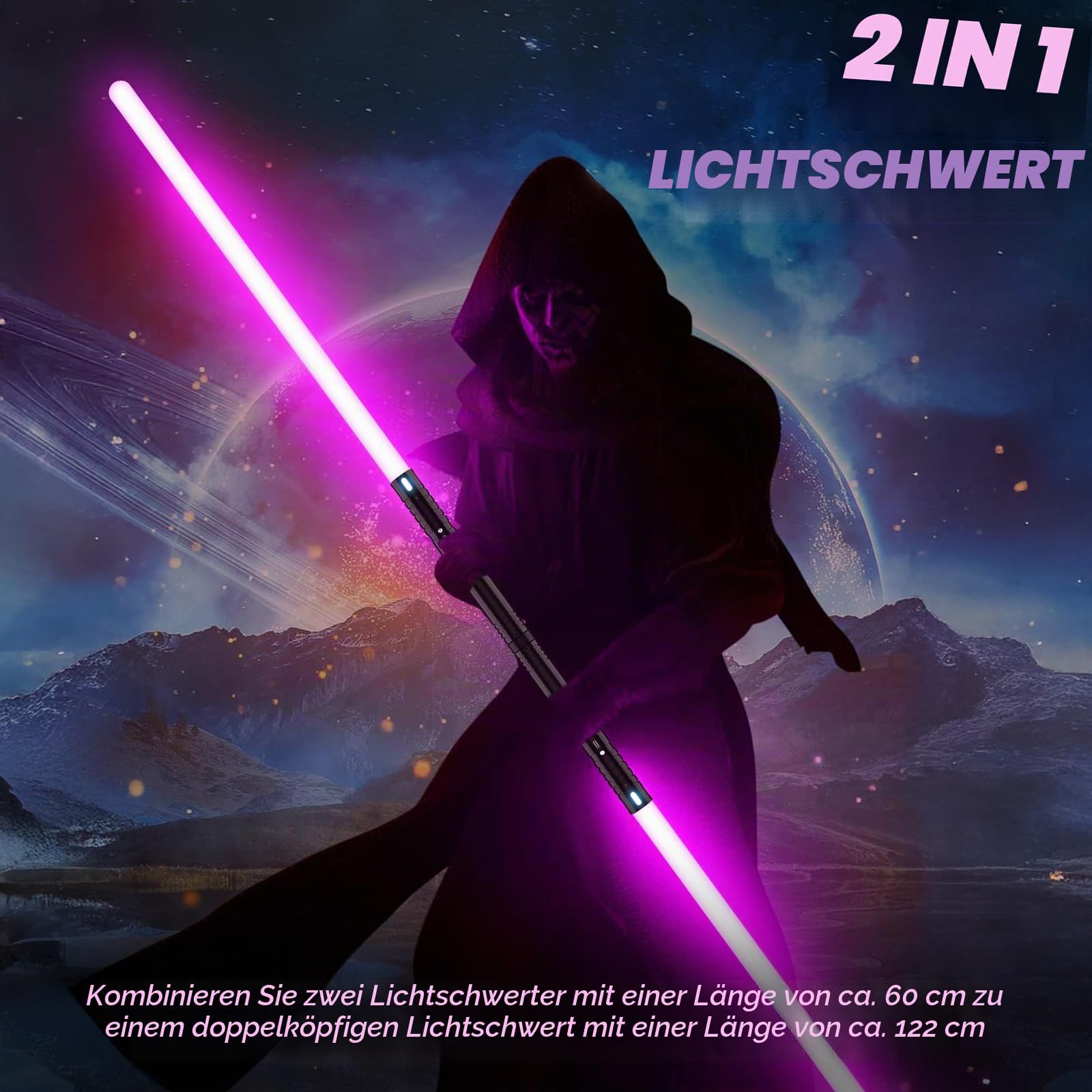 Laserschwert Kinder, RGB 15 Farben 2 in 1 Lichtschwert, Duell Lightsaber mit 4 Modi und Sounds, USB-C Wiederaufladbar FX Lichtschwert Spielzeug für Kinder und Erwachsene Halloween Cosplay(60CM 2PC)