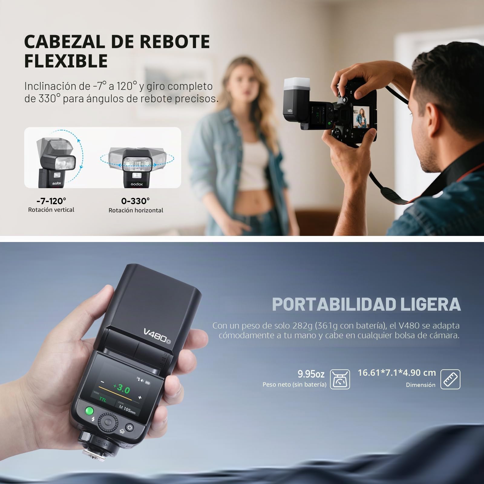 Godox V480O Flash TTL Olympus Panasonic 2.4G HSS 1/8000s pantalla táctil 2.0" | GN50 Speedlite, USB-C Charge, 650 luces de pleno poder, tiempo de carga de 1.7s, lámpara piloto de 10 niveles