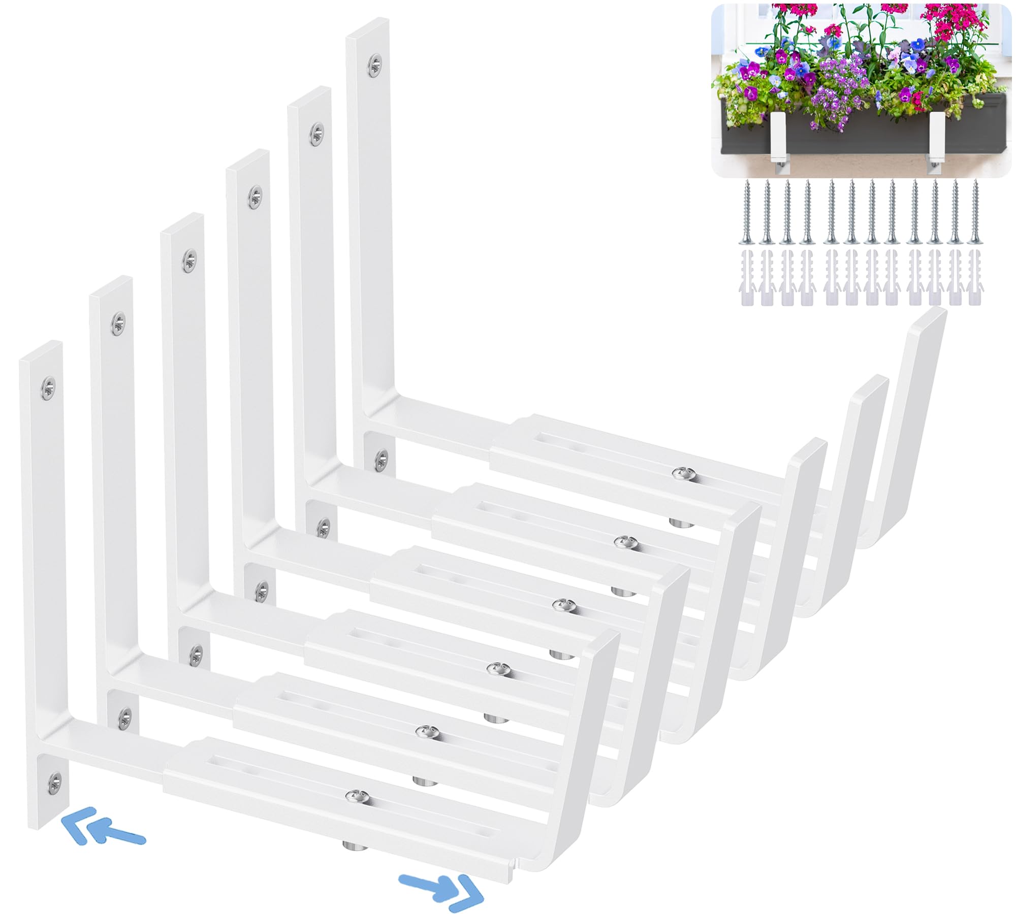 HFHOME 6 Pack Adjustable Planter Brackets (6 to 12.5 inches), Universal Window Box Brackets, Heavy Duty Metal Flower Box Wall Mounting Hooks for Balcony, Fences, Patio and Garden - White