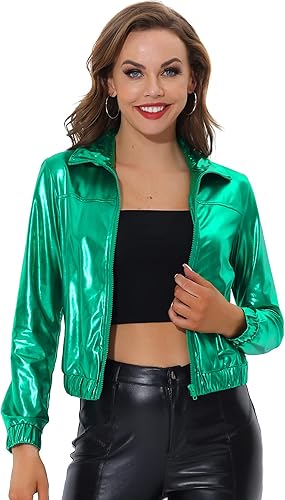 Allegra K Chaqueta metálica holográfica brillante para mujer, manga larga, ligera, con cremallera