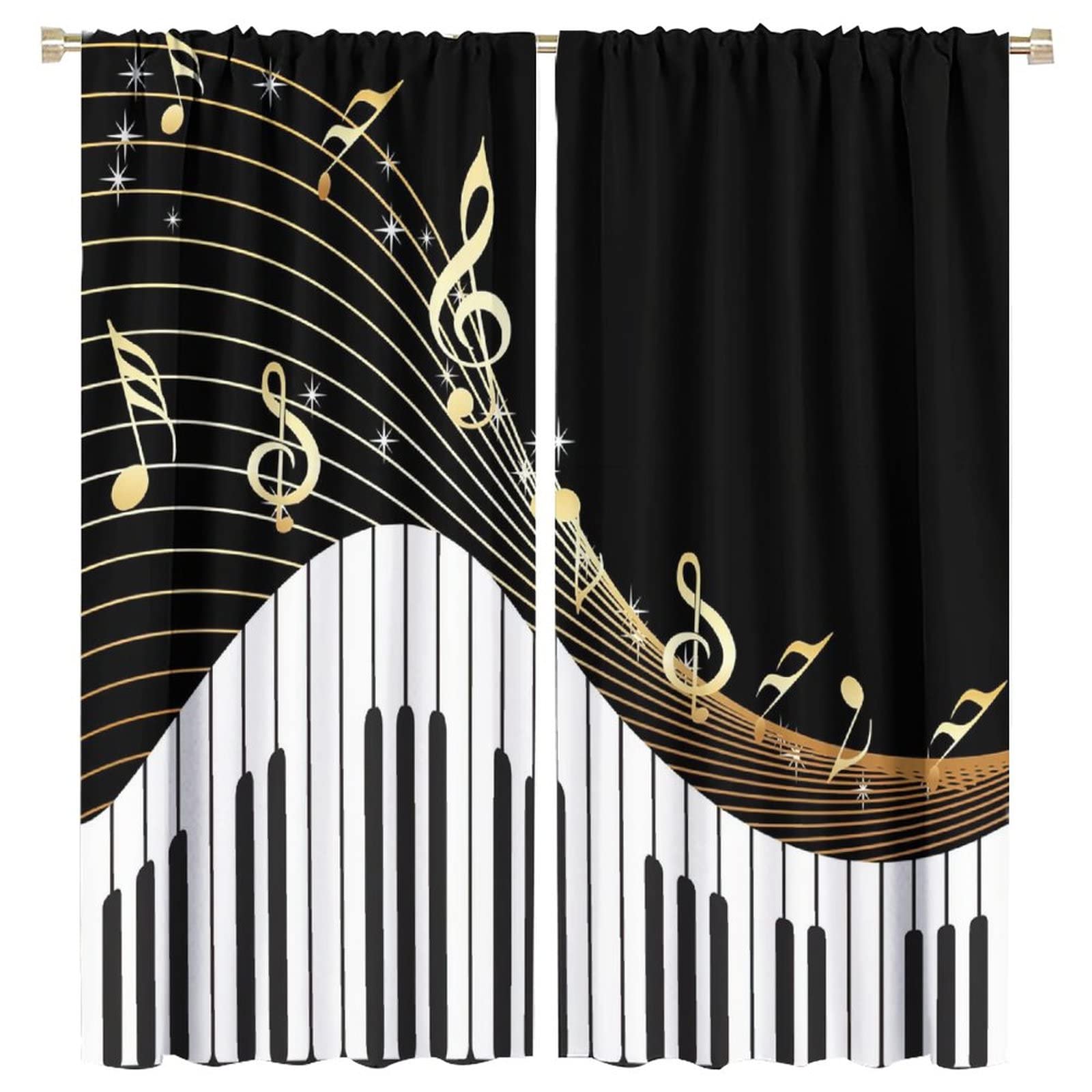Music Note Blackout Curtains,Black White Piano Key Golden Musical Notes Room Darkening Door Window Rod Pocket Curtain for Living Room Bedroom W63xL72in