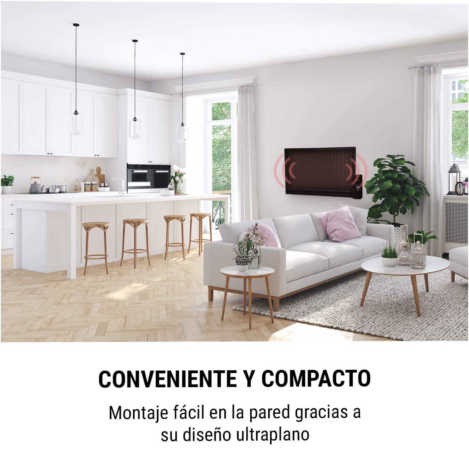 Oneconcept Wallander - Radiador aceite, Termostato regulable, Pantalla LED, Estufas aceite bajo consumo, Programable, Protección sobrecalentamiento, Móvil/Pared, 2 patas, 800 W, Blanco humo