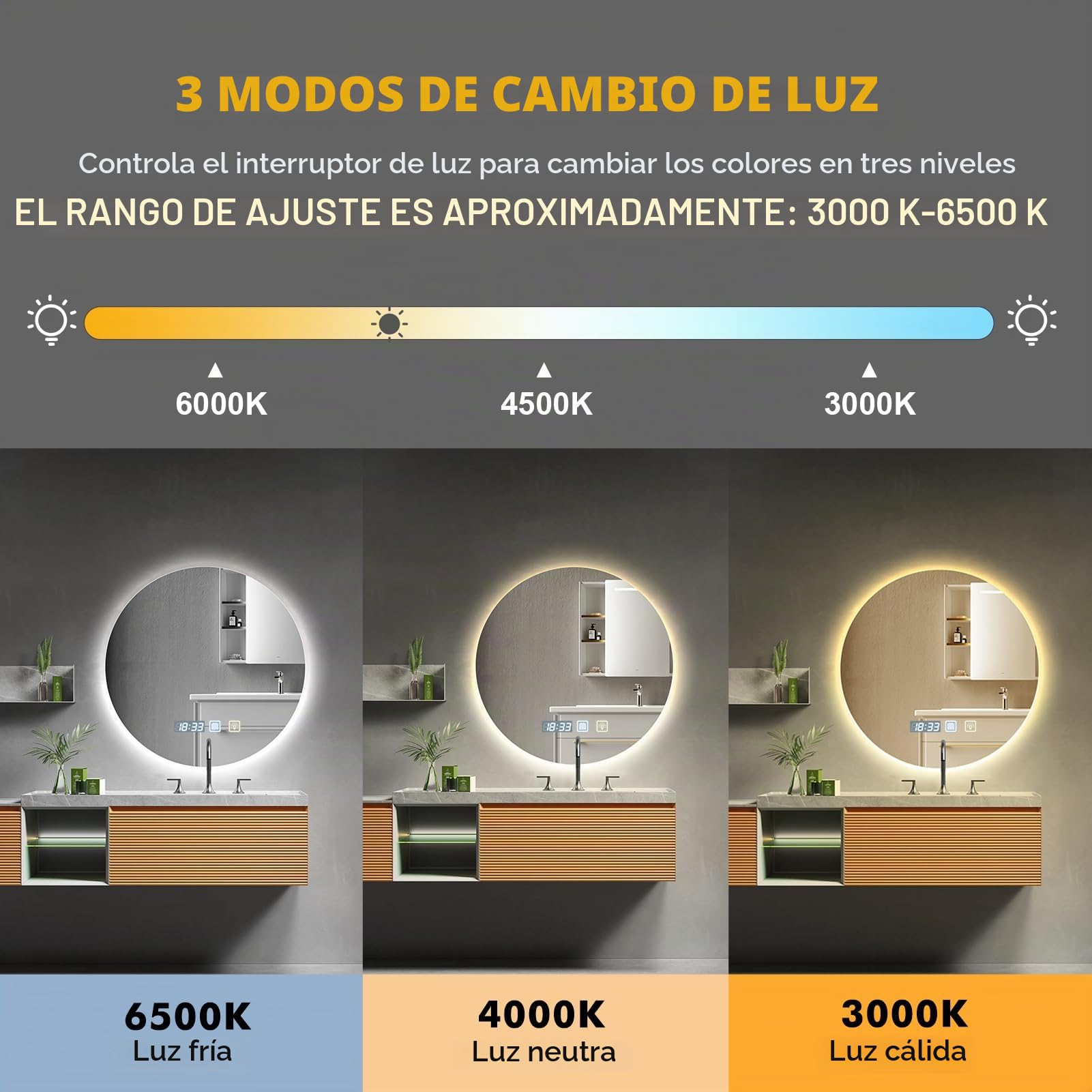 600 x 600mm Espejo de Baño con Iluminación Regulable 3000K 4500K 6500K | Tiempo Interruptor Táctil Función Antivaho IP44 Impermeable con Luz para Hotel Hogar Forma de Redondo