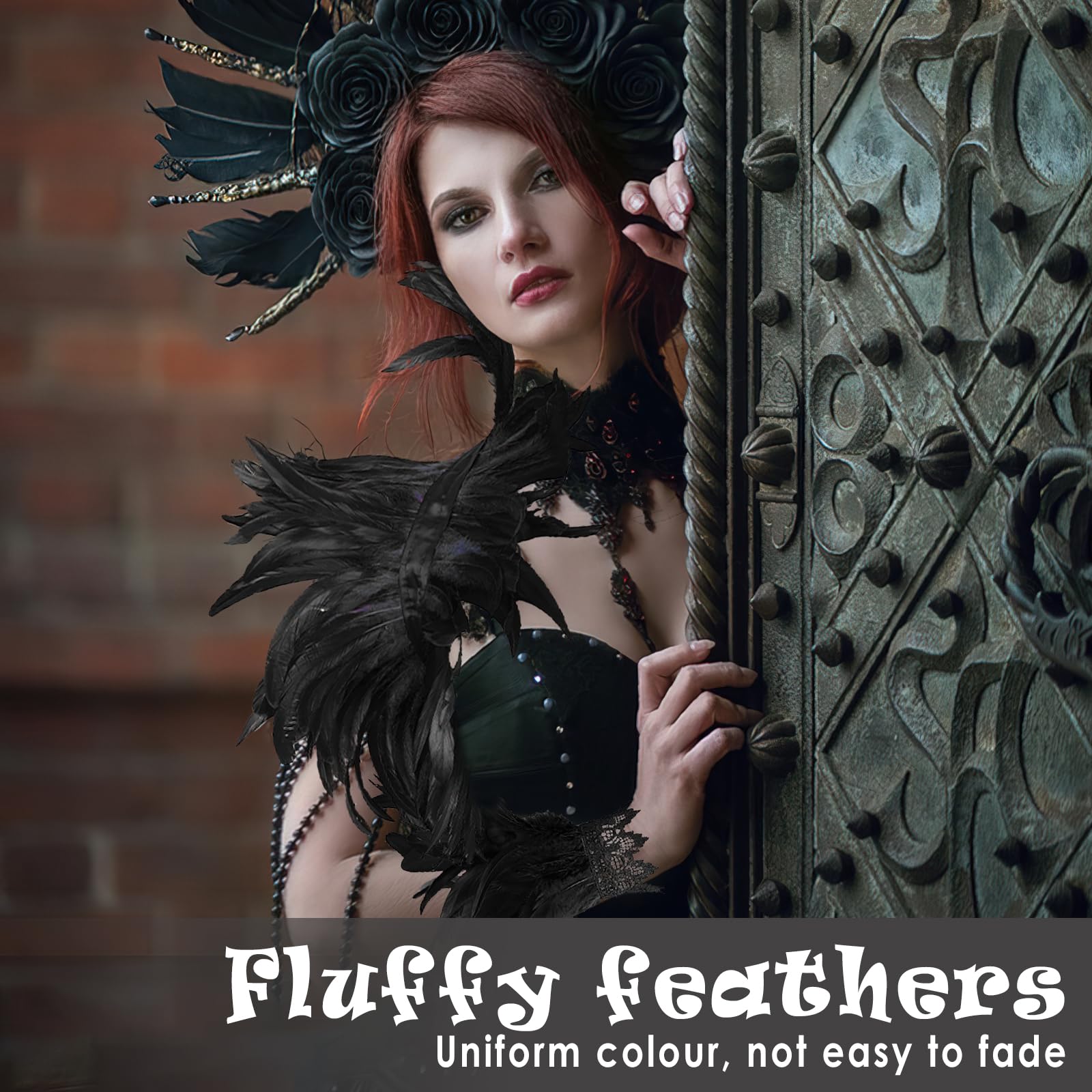 Capa Plumas Gótica 🪶 Capa De Plumas Gótica Con Pulsera – Mantón De Plumas Para Halloween, Carnaval Y Cosplay (Rojo, Negro, Rosa