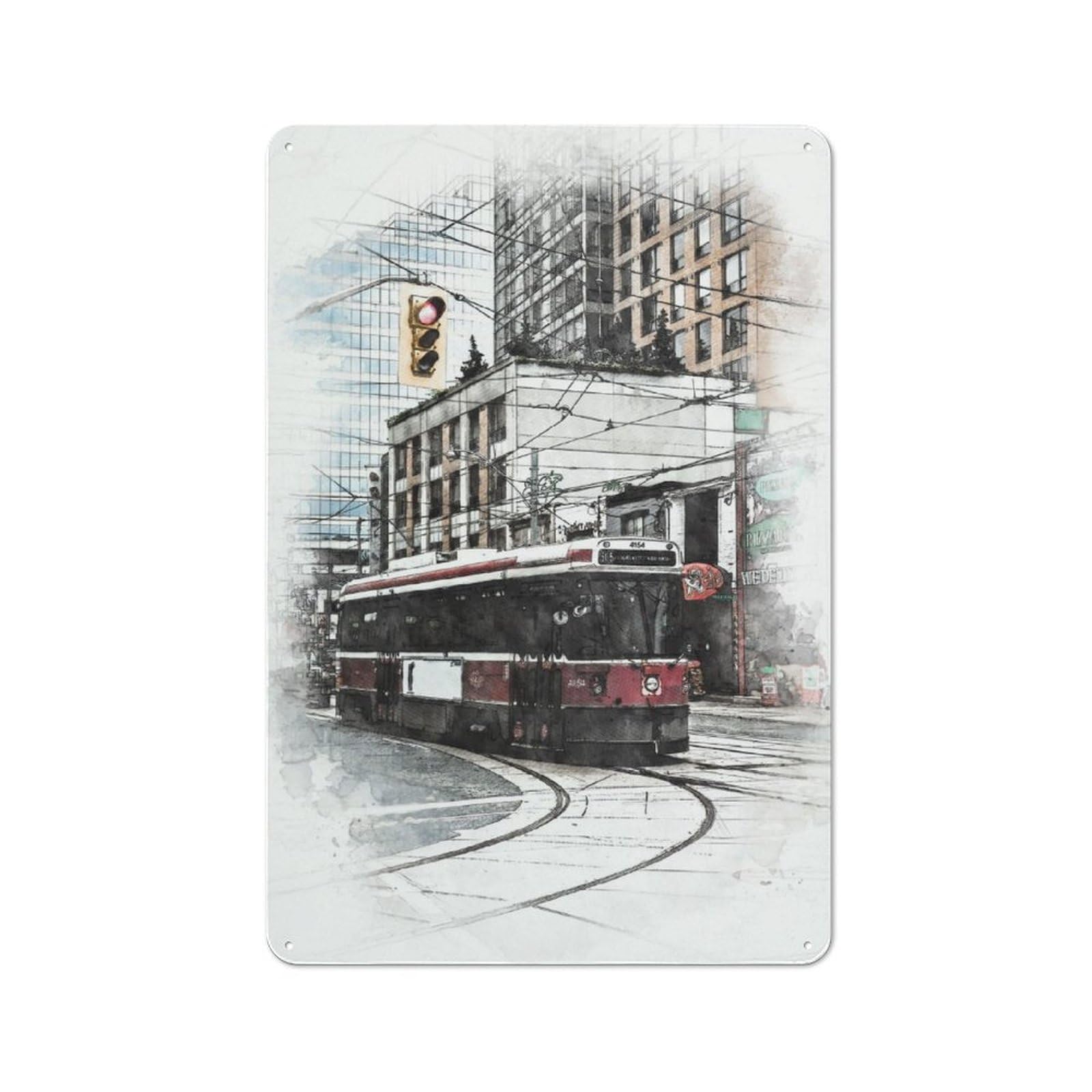 Junmoney Red Tram In The City For Garden Room Or Summerhouse, Vintage Tin Sign 30X20cm, For Display In Garden Rooms And Summerhouses