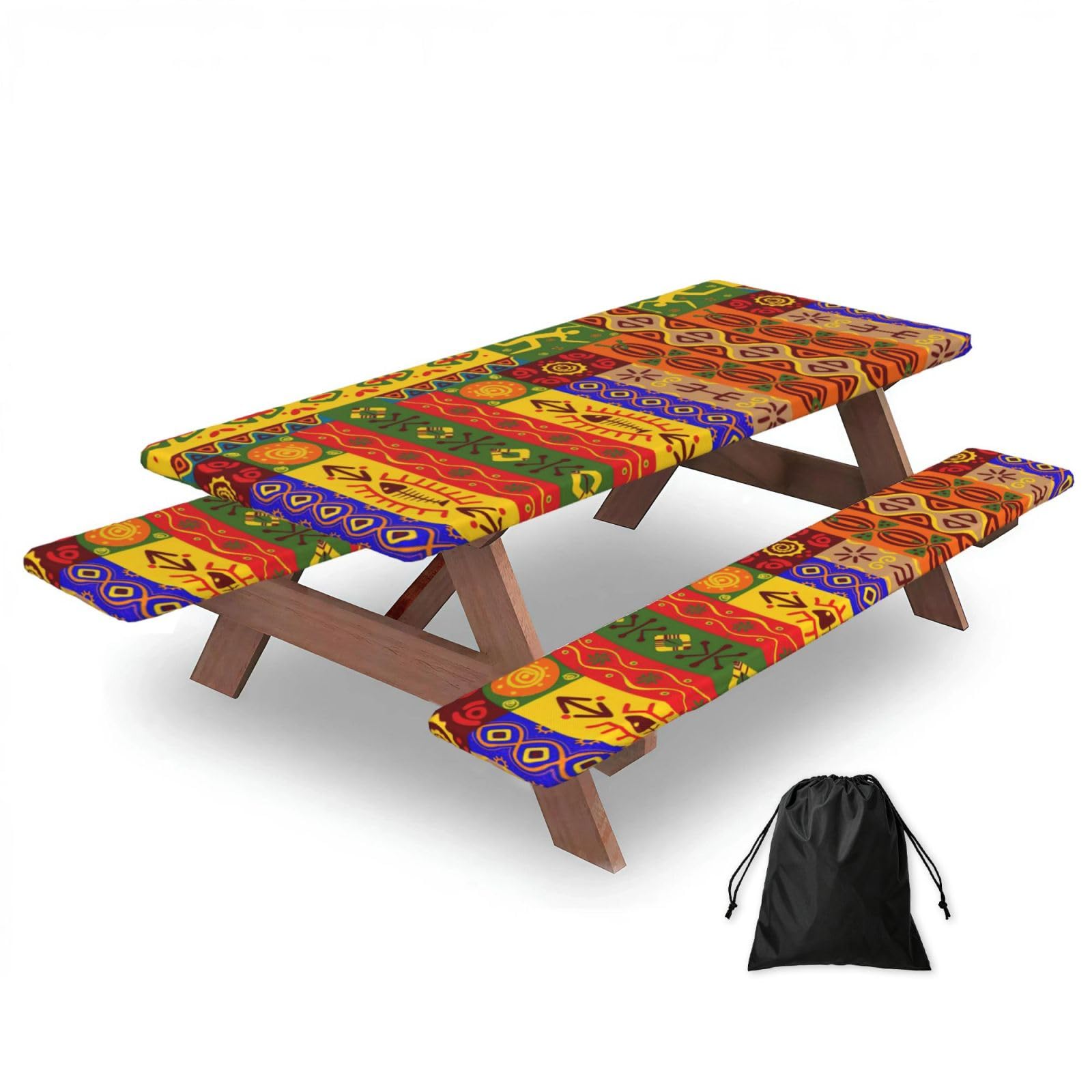 Zyjhyy Black African National Patterns Print Party Table Covers With Bench Covers Set Of 3 Picnic Table Cloth Wipe Clean For Garden Camping