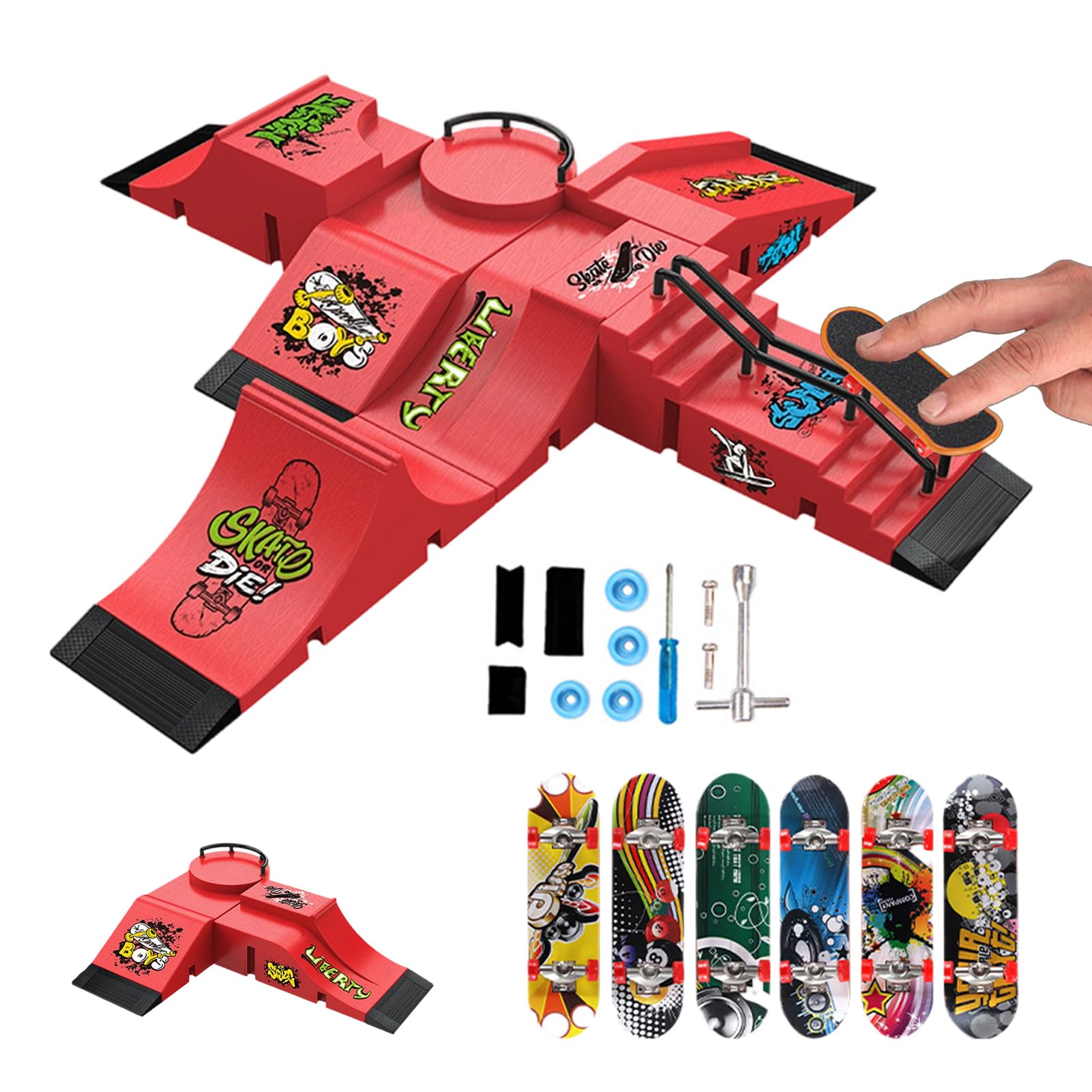 Finger Skateboard Ramp, Fingerboard Ramp for Kid, 6 Ramps 6 Fingerboard Skate Park Set, Fun Indoor Activity Portable Toy Training Set, for Birthday Party Indoor School Travel EducationalGift