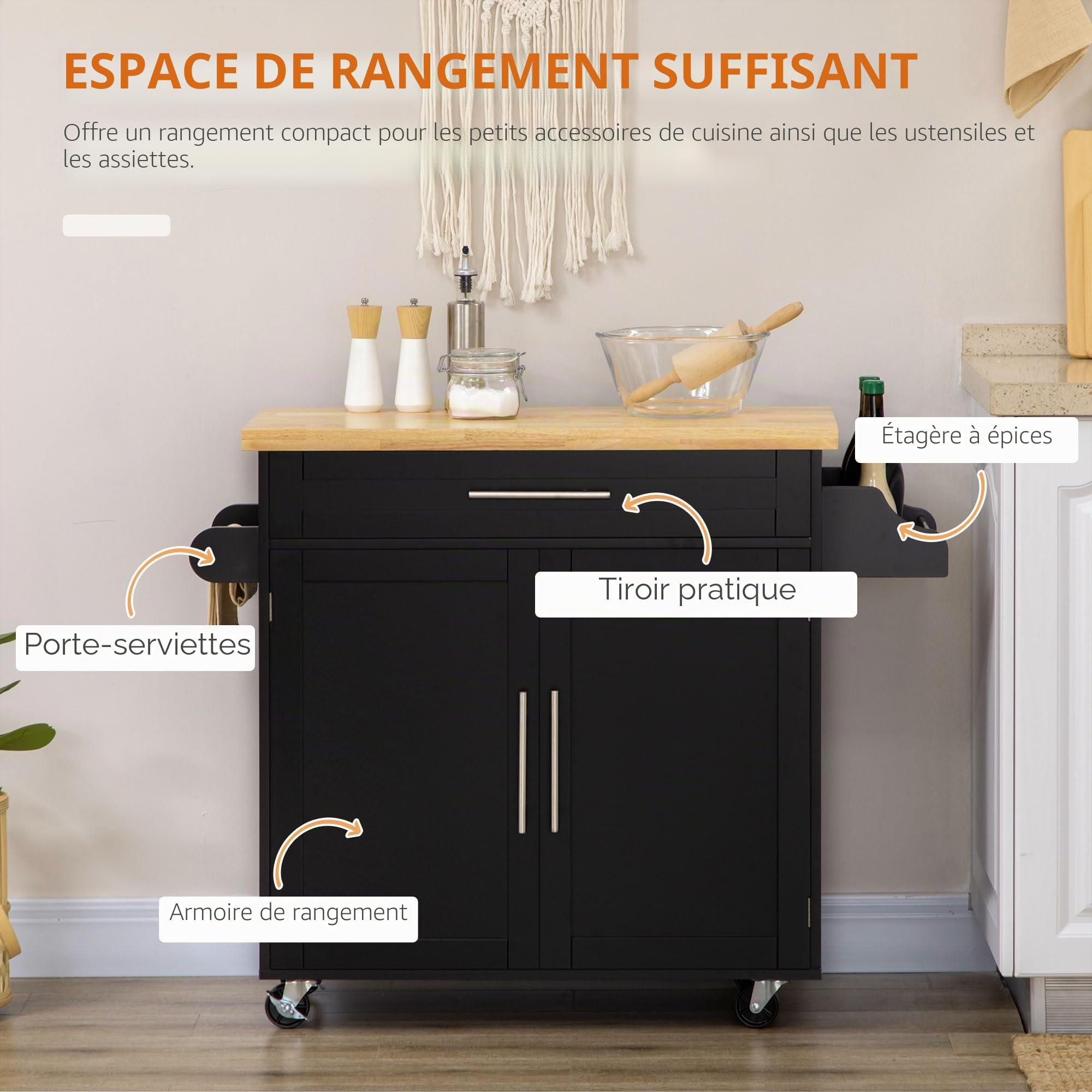 HOMCOM Chariot de cuisine avec plan de travail, chariot de cuisine avec étagère à épices, porte-serviettes pour salon, salle à manger, noir, 109 x 40 x 89 cm