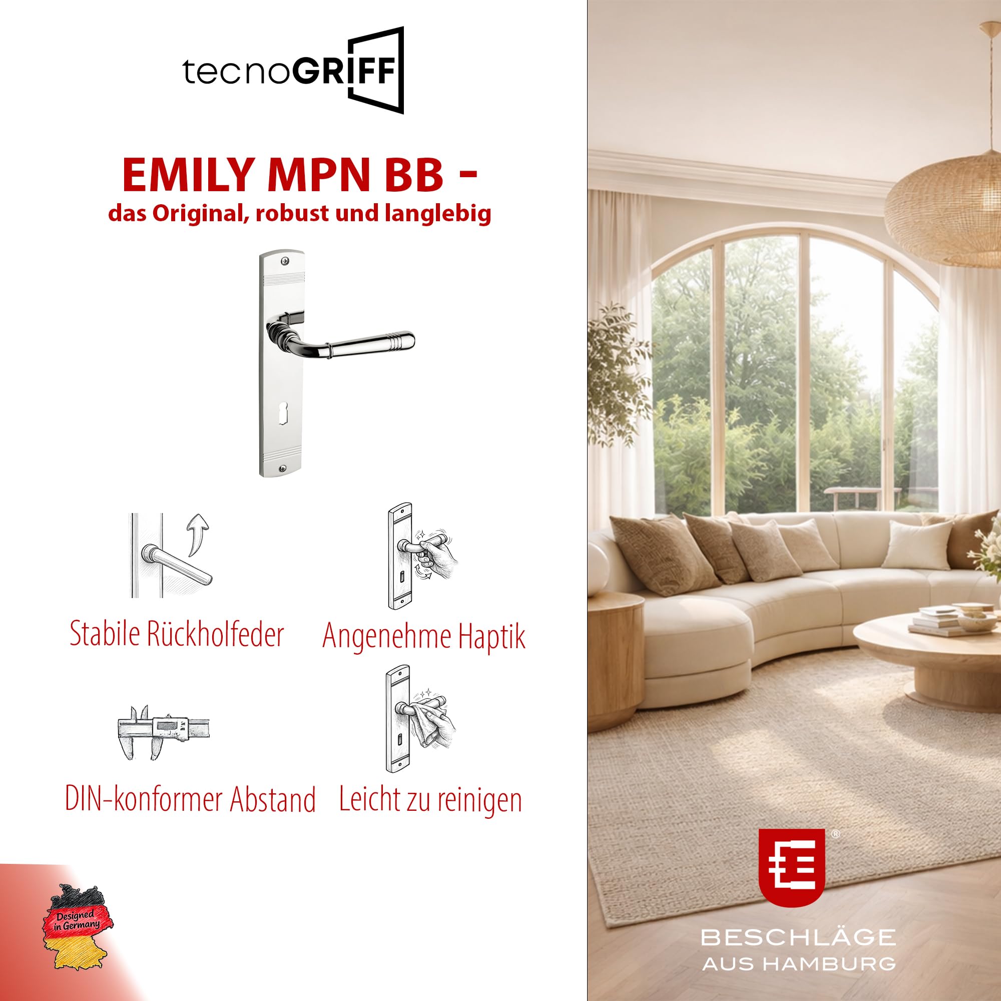 Beschläge Hamburg Türgriffe Türbeschlag EMILY ART 70-09 MPN PVD BB — Türklinke mit Buntbart Langschild für Zimmertüren — Drückergarnitur/Türdrücker für Innentüren, Nickel poliert