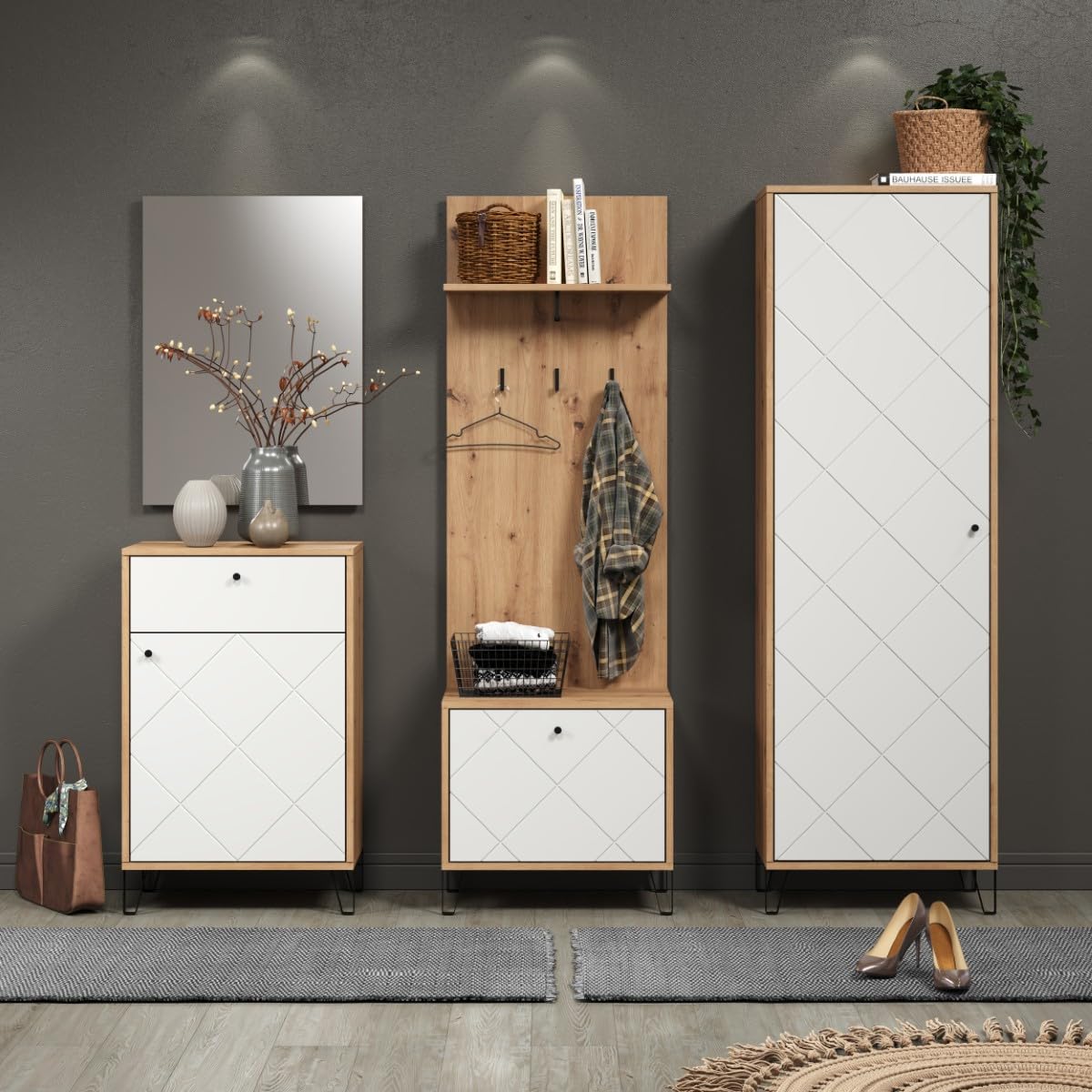 trendteam smart living - Touch - Garderobenschrank - Eiche/Weiß - Kleiderschrank mit ausziehbarer Kleiderstange - Soft-Close - Elegante Metallfüße - (BxHxT) 63 x 194 x 40 cm - Moderne Rautenfräsung
