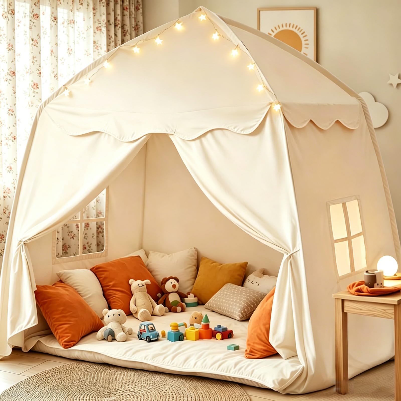 Kinderzelt Indoor Spielhaus Kinder Tipi Zelt für Kinder - Großes Spielzelt Kinder Indoor mit Lichterkette, Faltbar Kinderzelt für Kinderzimmer Oder Garten 150x100x150 cm (Beige)