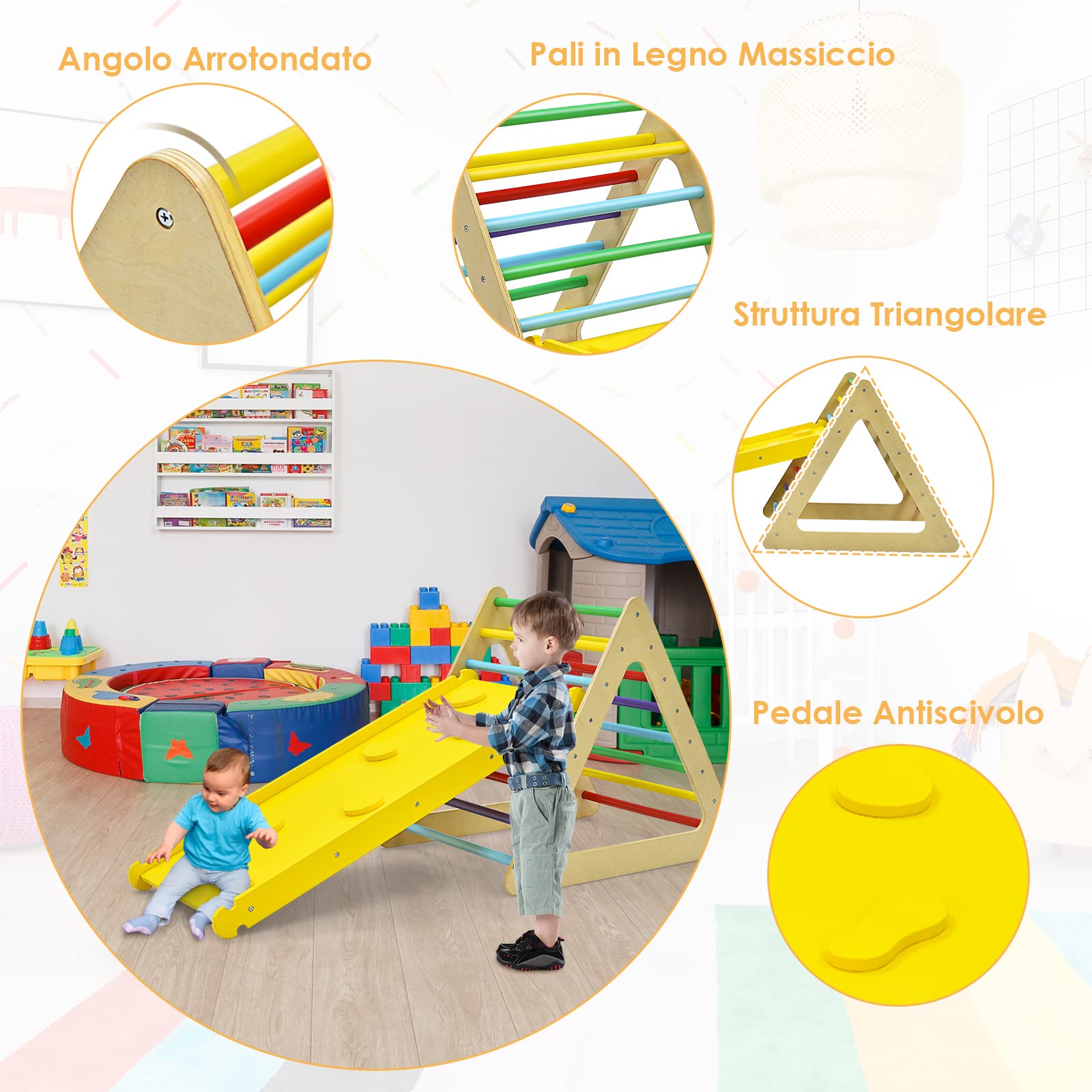 GYMAX Triangolo da Arrampicata per Bambini con Scivolo, Legno, Giocattolo a Scala, Esterno, Montessori, Colorato