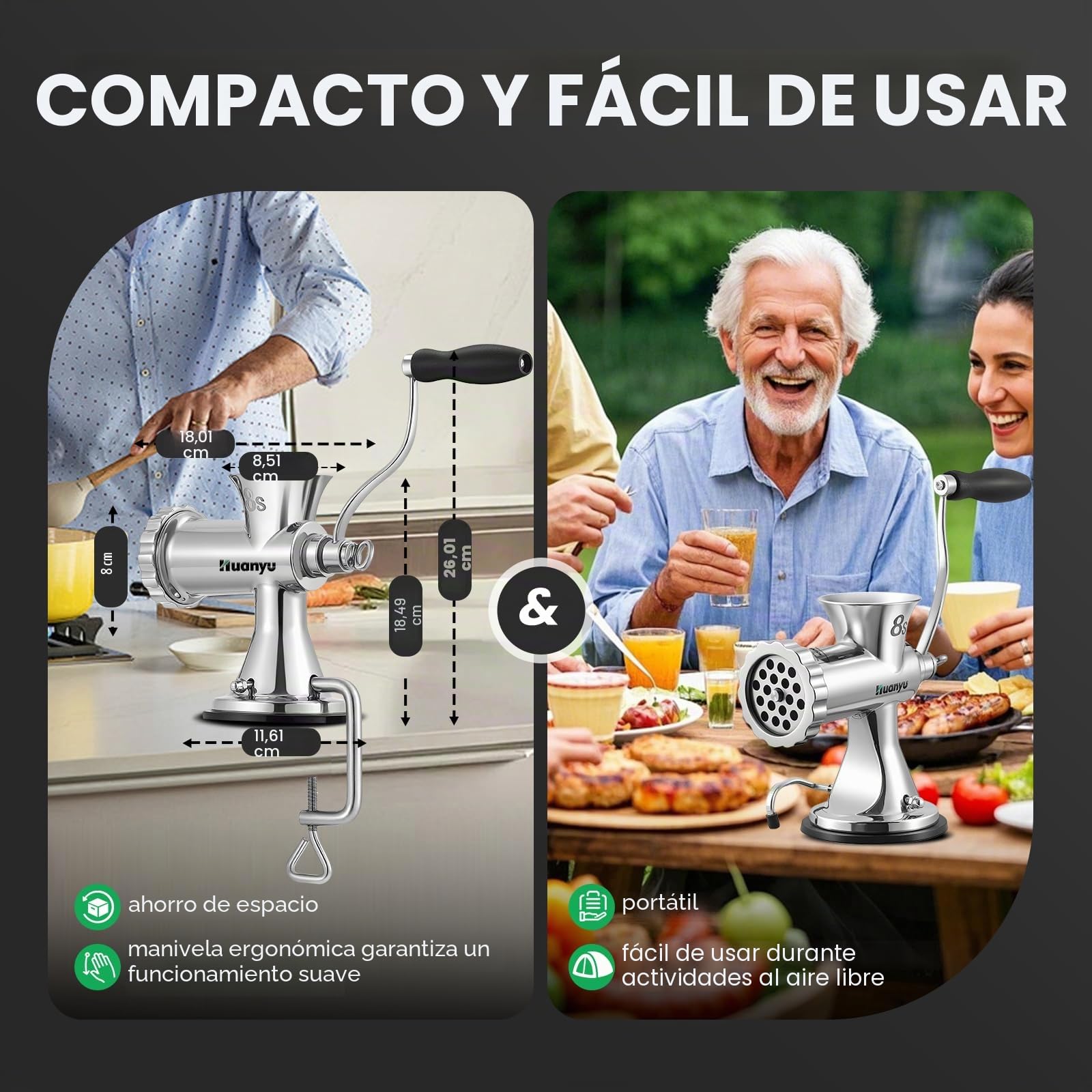 Huanyu Picadora manual de carne de acero inoxidable y máquina de salchichas, picadora manual de carne y cortador de verduras, apto para lavavajillas, tamaño 8s