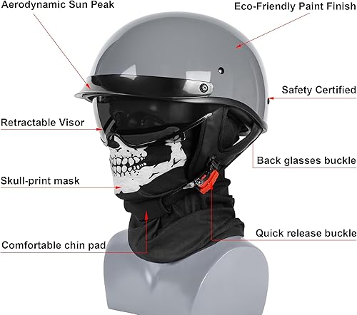 Miniatura 8 de Medio casco de motocicleta con visera para adultos y jóvenes, cascos retro aprobados por DOT para hombres y mujeres, compatibles con ciclomotor,