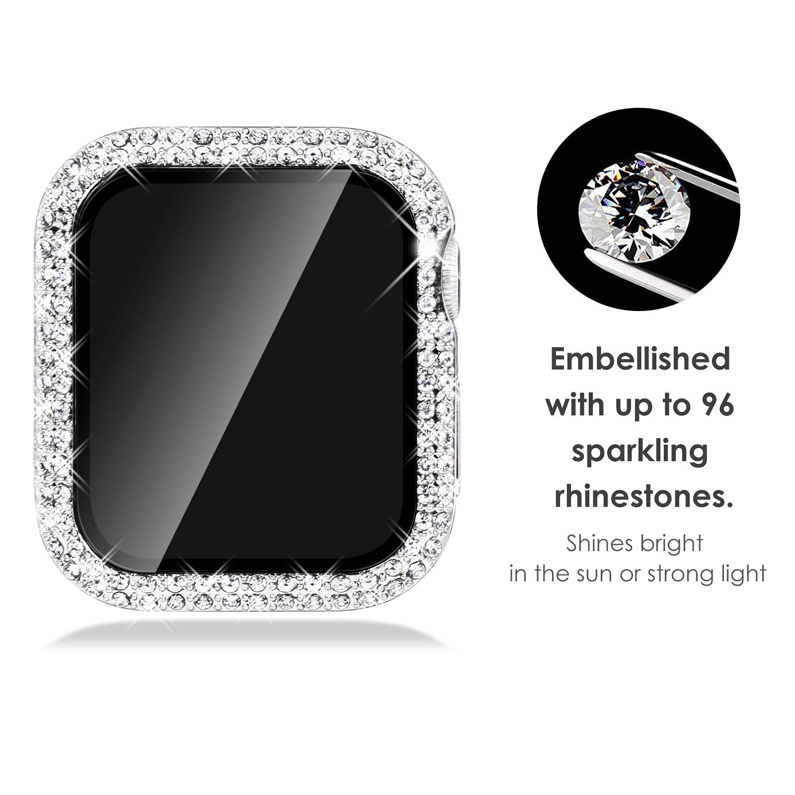 NewWays 2 Pack Compatible with Apple Watch Case 40mm Built-in Screen Protector,Women Diamond Bling Cases for iWatch Series SE(2025-2020) 6 5 4,Silver/Clear — view 2