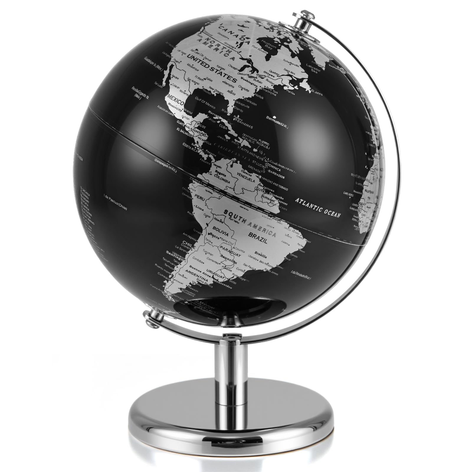 GOPLUS Globo Terráqueo Moderno Negro con Detalles Dorados/Plateados, Soporte Metálico, Base Antideslizante, Zona Horaria, Globo Terráqueo Decorativo de Mesa para el Hogar, la Oficina (Plata)