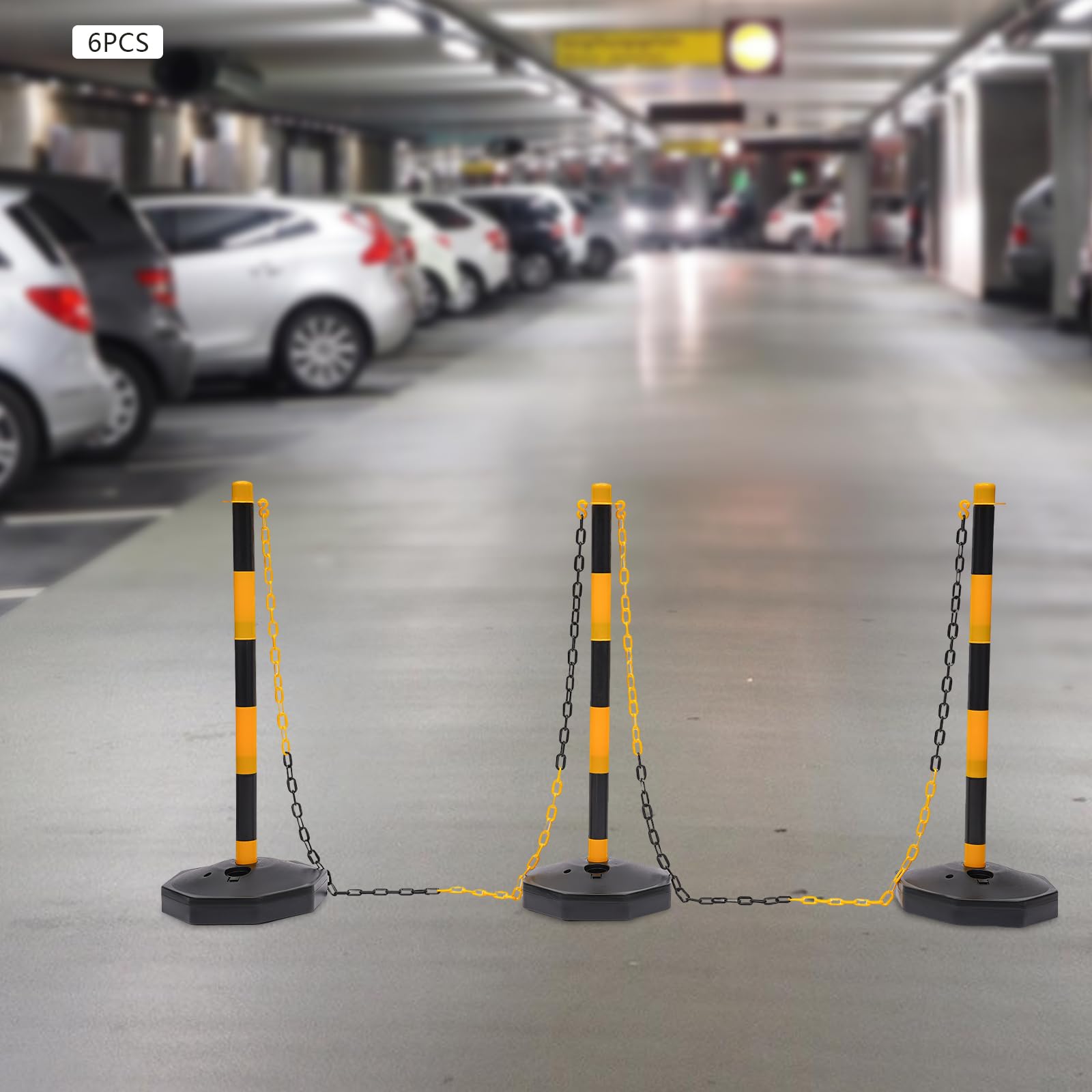 Juego de 6 postes de cadena extraíbles, juego de 6 soportes de barrera móviles con 5 cadenas, barrera de aparcamiento para áreas comerciales como hoteles, aparcamientos