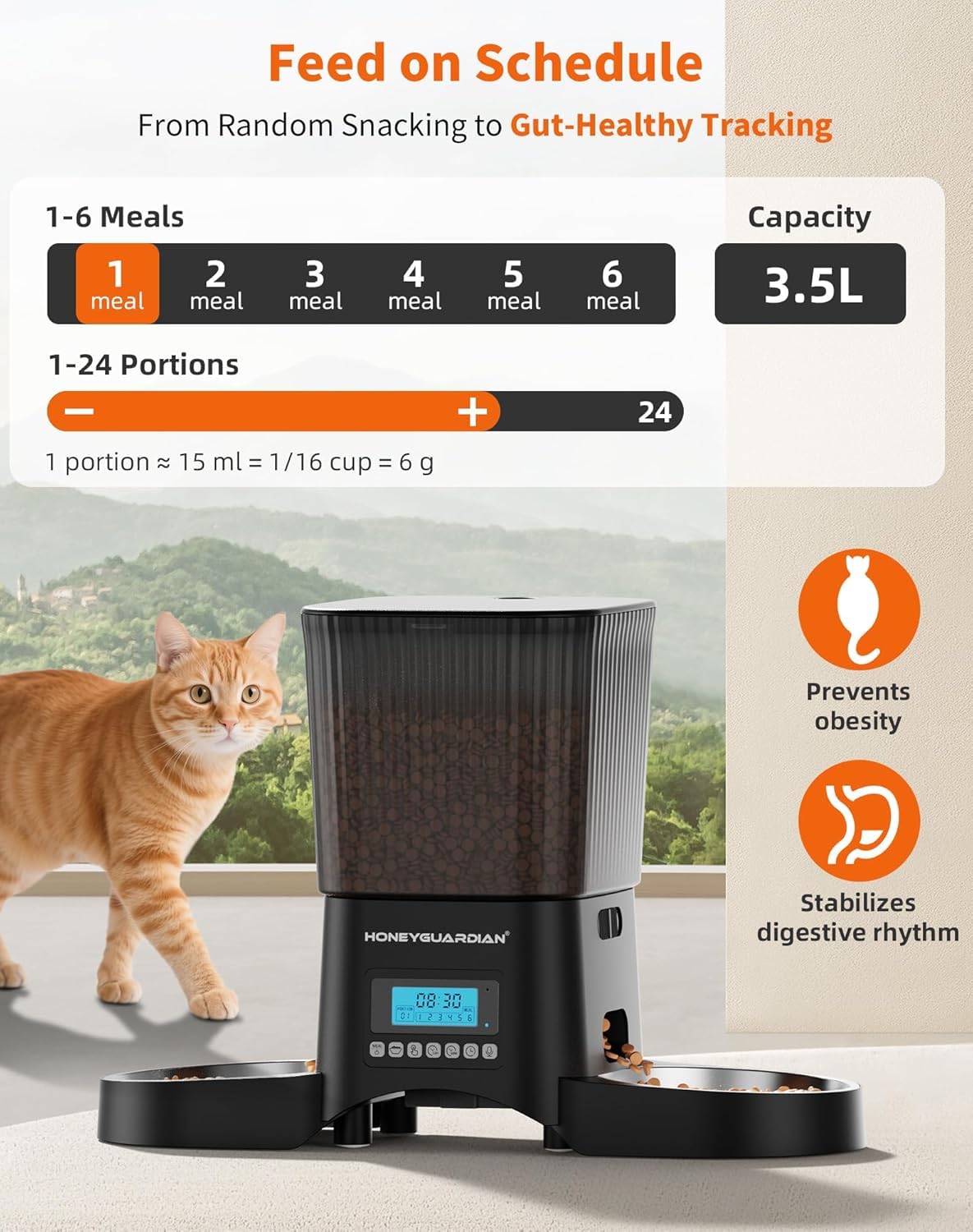 HoneyGuaridan Distributore Automatico Cibo Gatti, 3.5L Dispenser Crocchette Gatto con 4 ciotole, Programmable Porzione(6 Pasti/Giorno), Avviso vocale per i pasti, piedini antiscivolo