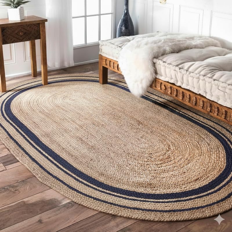 Tapis ovale tissé à la main en jute naturelle de 61 x 91 cm avec bordure bleu marine – Tapis moderne durable pour salon, chambre et entrée