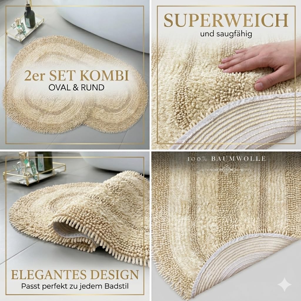 Oval Baumwoll-Badematte Set 2er Beige (60x100 cm + 50x60 cm)| Badezimmerteppich, Badteppich | Weiche Bad- und Duschvorleger | Für Bad, Dusche und Toilette, Maschinenwaschbar Badvorleger IMacoroni