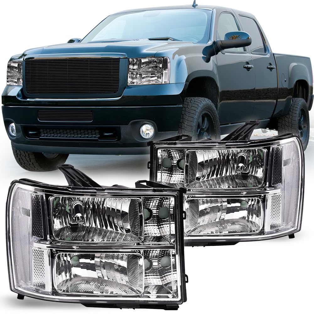 Gmc Sierra Headlights Pair Of Chrome Headlights For 2007-2013 GMC Sierra 1500/2500HD/3500HD - Clear Lens GMC Sierra Chrome Headlights