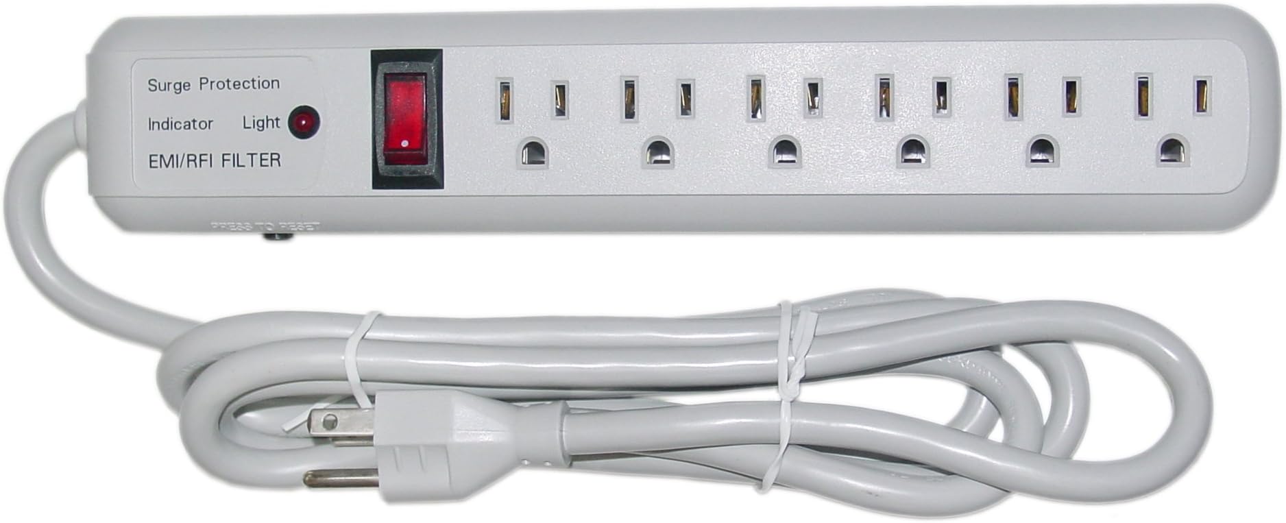 Surge Protector, 6 Outlet, Gray, Vertical Outlets, 3 MOV, 540 Joules, EMI / RFI