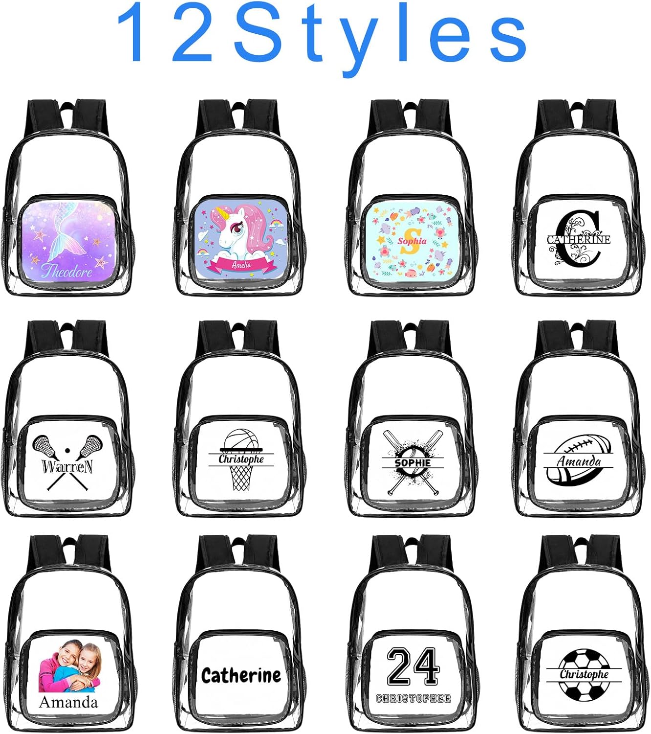 Amlion Custom Clear Backpack with Name Personalized Transparent Backpacks,Customized Logo Photo Clear PVC Backpacks Heavy Duty for College Workplace Travel Sports(Blue Photo)