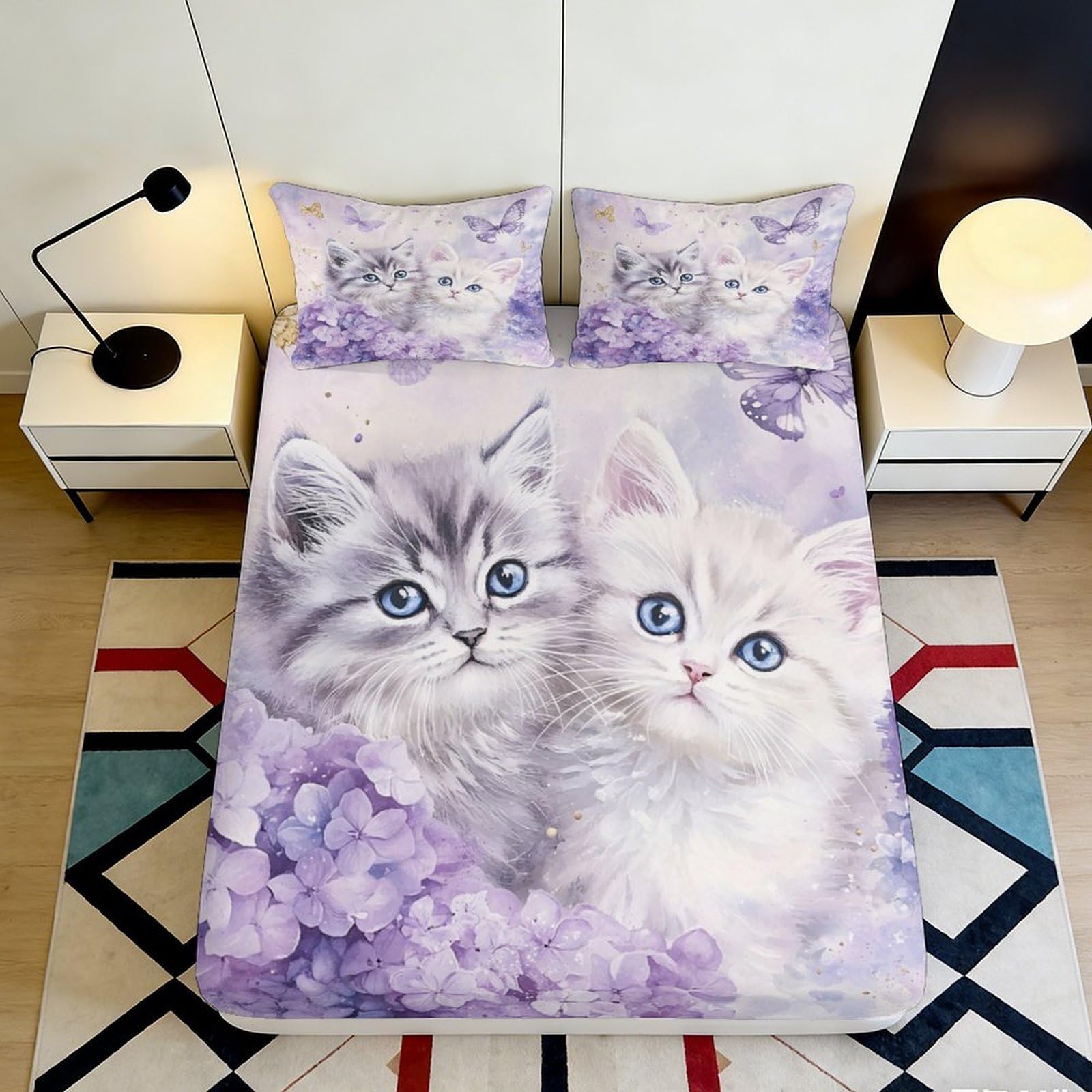 3D Printed Cute Kitten Fitted Sheet Microfiber Soft Lilac Floral Mattress Cover for Bedroom Guest Room Dorm Decor 120x200cm 160x200x25cm