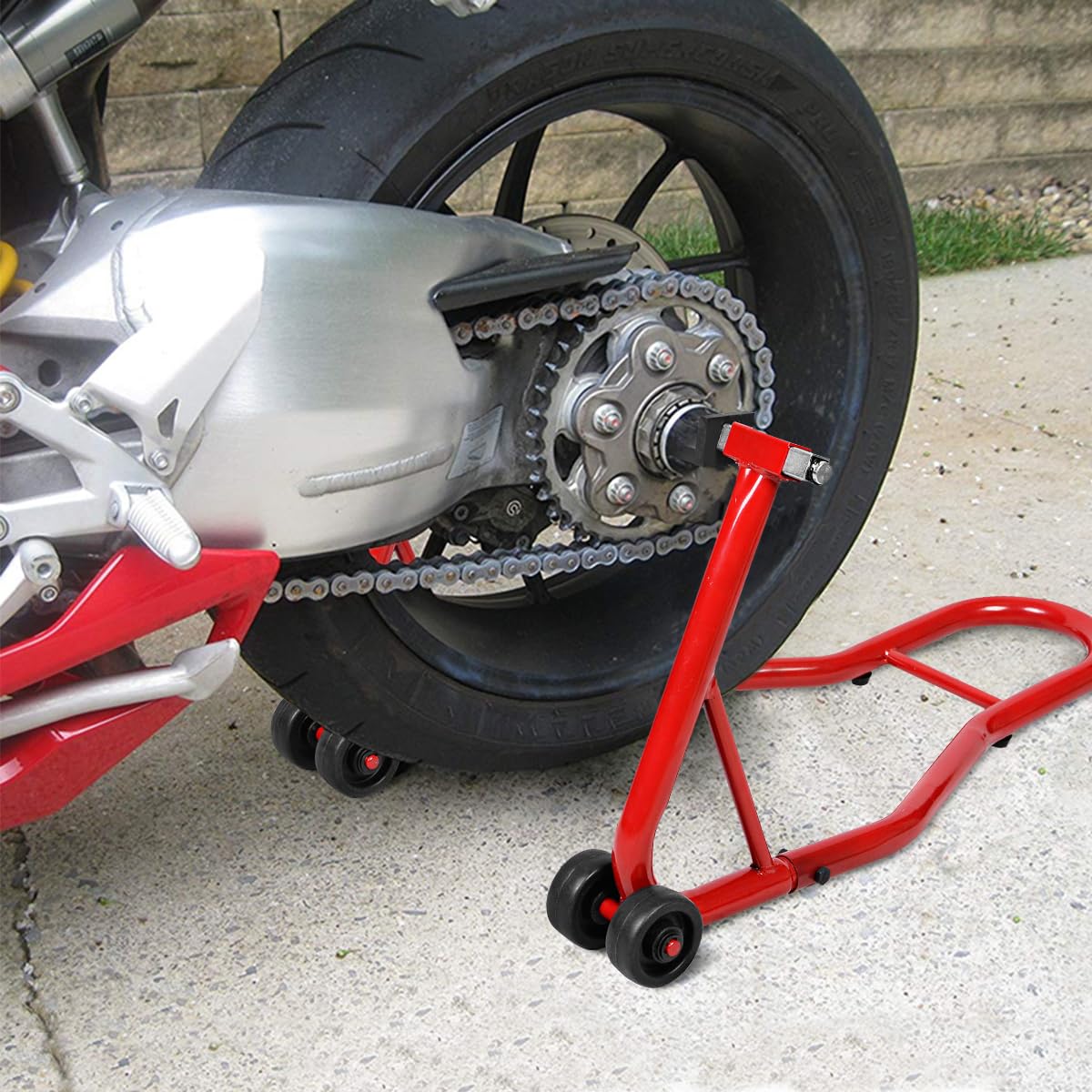 SOARS Caballete Trasero, Gato de Moto con Capacidad de Carga de hasta 400 kg, Caballete de Montaje de Acero, Ayuda de Montaje, Caballete de Rueda Trasera (Rojo)