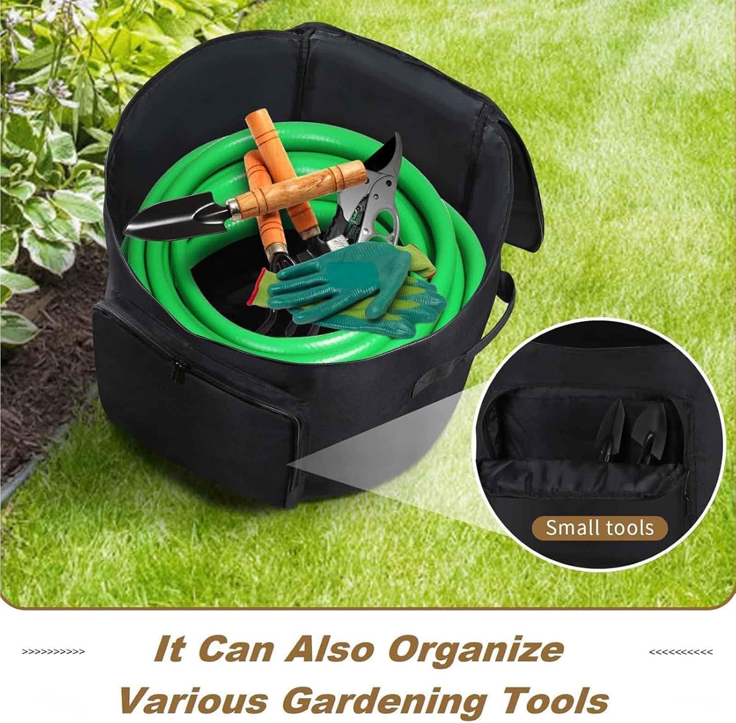 ホース 収納 45mの水道管を収容可能, ガーデンホースバスケット 小型工具収納ポケット付き RV用下水ホース収納ボックス ー 庭・