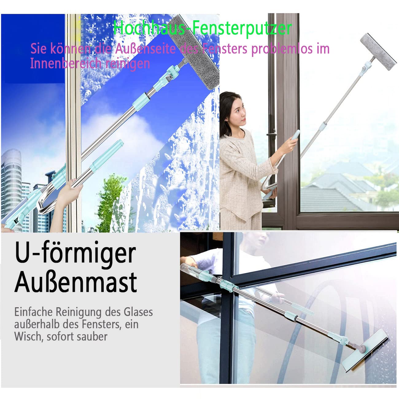 Fensterputzer Mit U-förmiger Teleskopstiel,Wasser Sprühbar,Scheibenabzieher Window Mit Um Drehbarer Reinigungskopf Für Externe Doppelseitiges Fenster,Keine Sackgassen