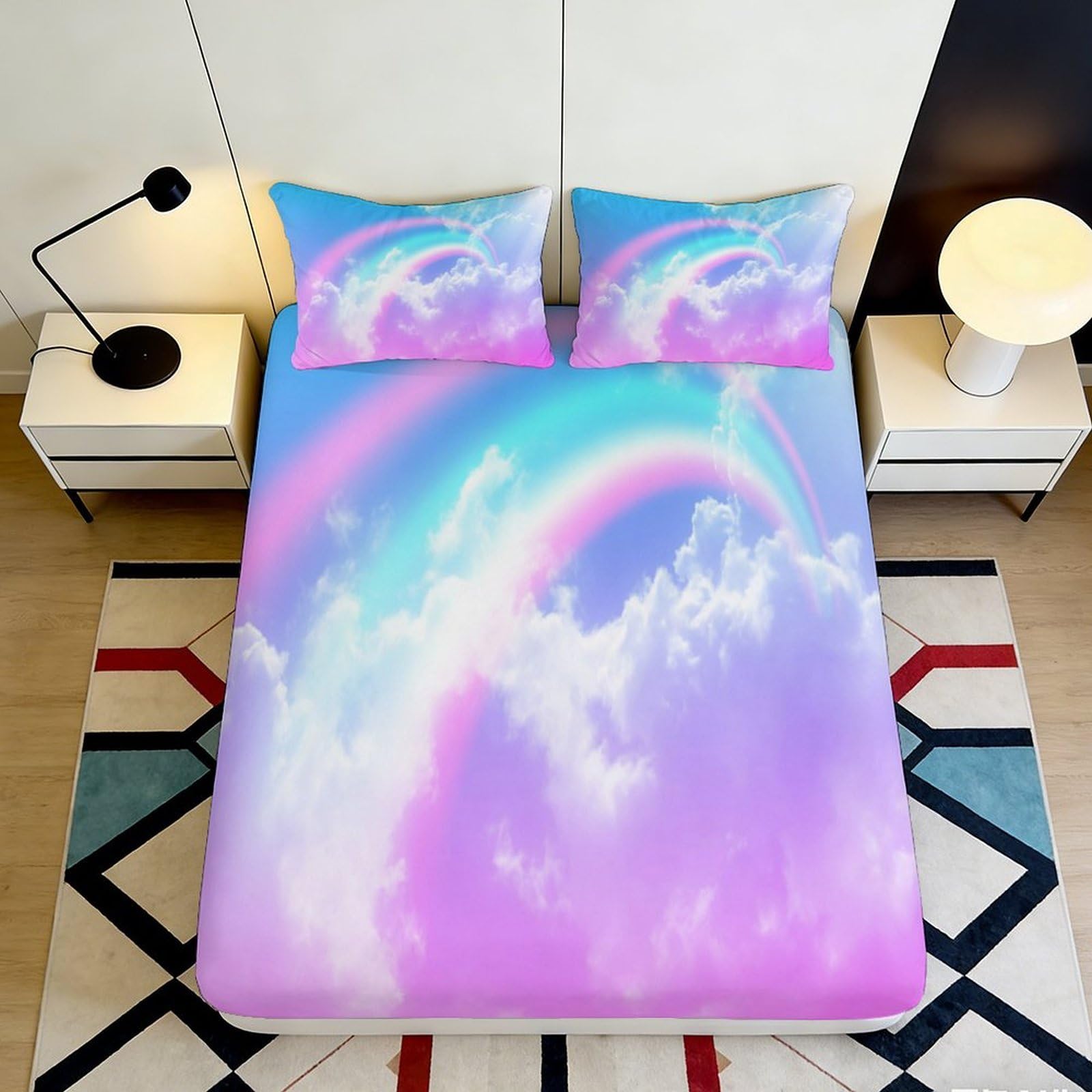3D Printed Rainbow Clouds Fitted Sheet Microfiber Soft Breathable Pastel Sky Bed Cover for Bedroom Dormitory Guest Room Mattress Protection Decor 180x200x25cm