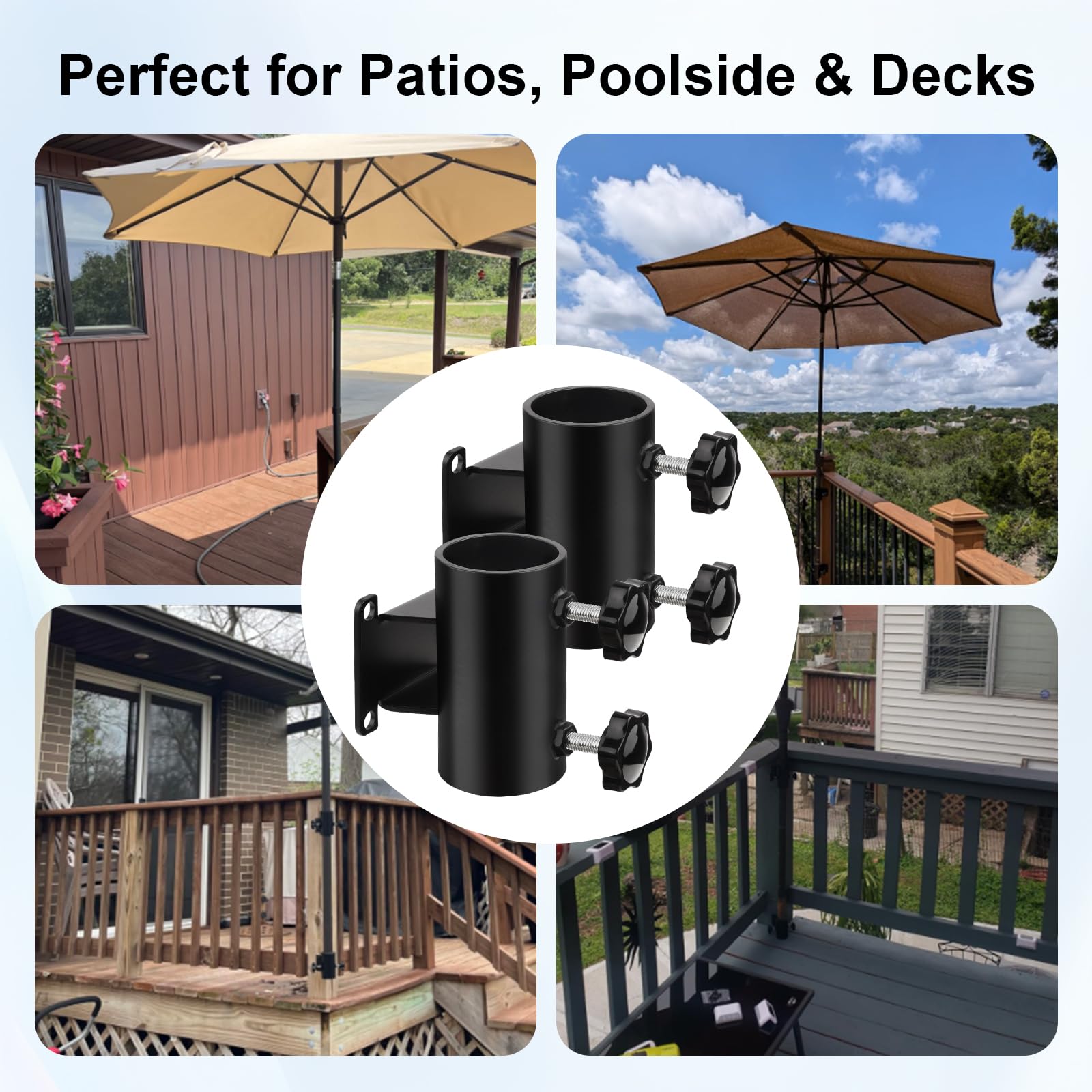 Patio Umbrella Holder for Deck and Fence – Heavy Duty Deck Railing Umbrella Holder, 2 Pack Black-Coated Steel Mount Brackets, Fits Poles Up to 2
